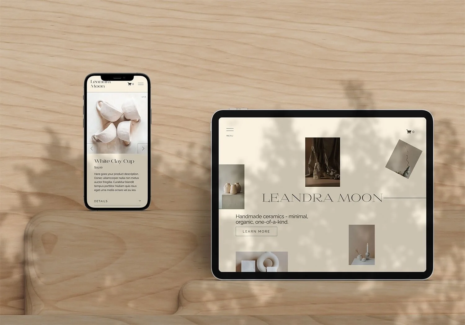 Device mockup showing the Leandra Moon Squarespace ecommerce website design for creatives and makers, displayed on a laptop and phone