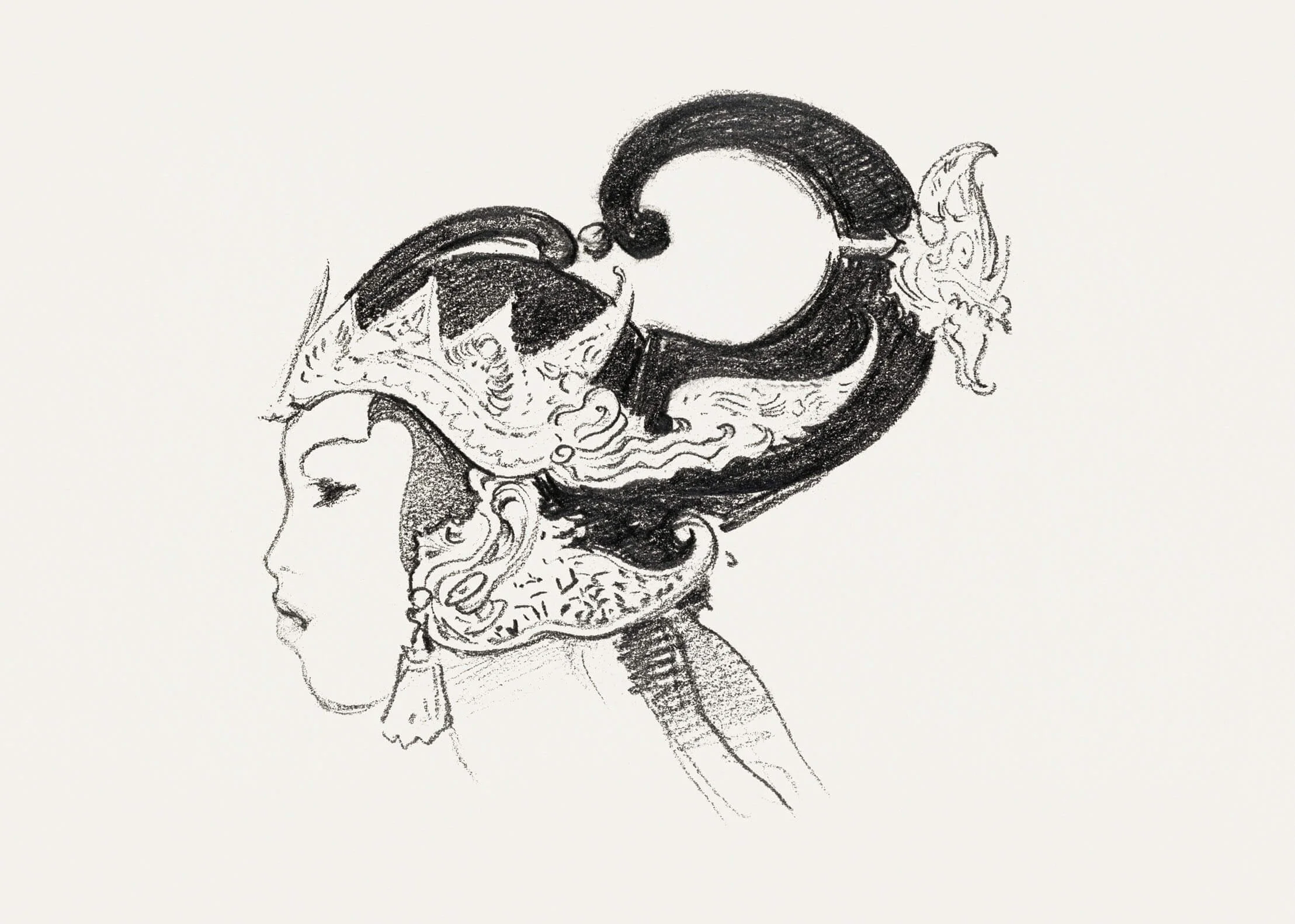 A black and white sketch by John Singer Sargent of a Javanese woman's profile with ornate, decorative headwear including dragons and a crescent moon, representing Rebecca’s Indonesian heritage