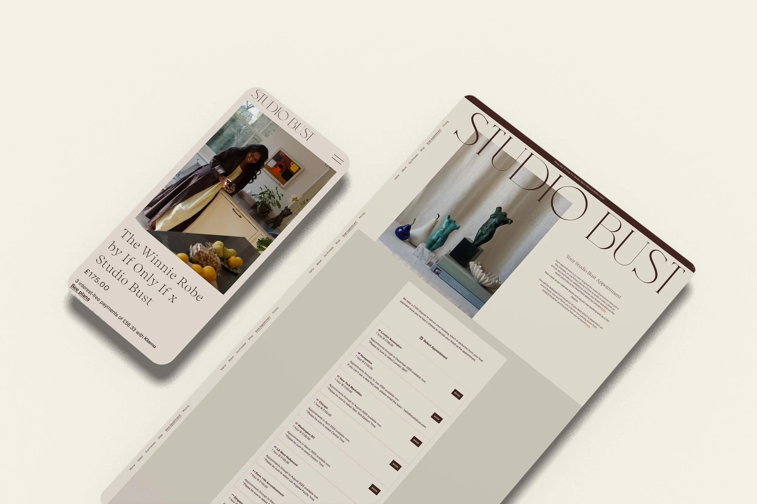 Screenshot of Studio Bust, a Squarespace online store example combining ecommerce and appointment booking for a personalised 3D-printed bust sculpture business