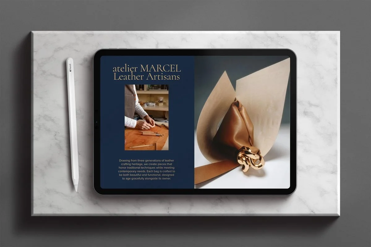 iPad displaying Atelier Marcel leather artisans about page with craftsman at work