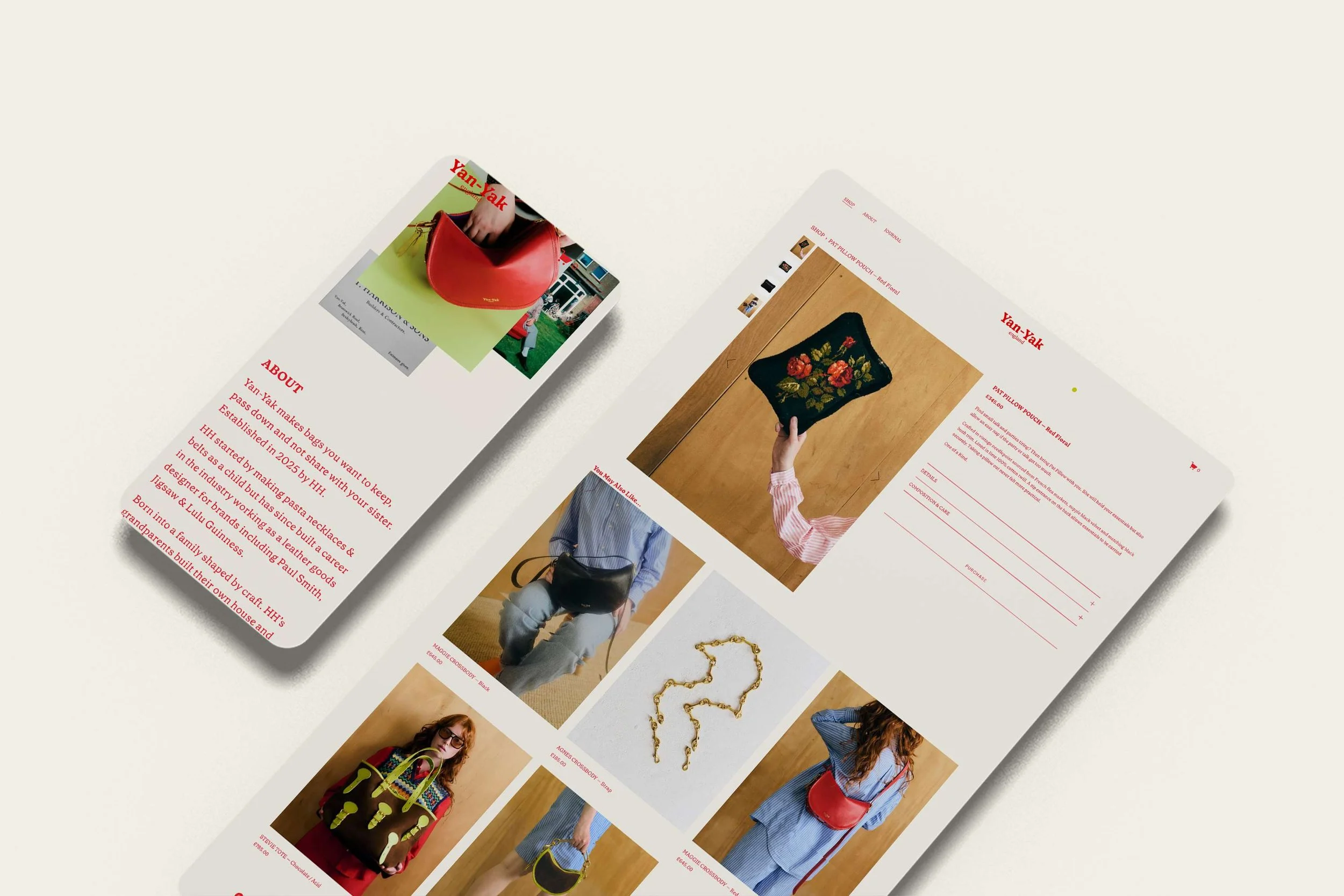 Screenshot of Yan-Yak, a streamlined Squarespace ecommerce example for a small handmade leather bag brand based in England, showing simple navigation and clear product pages