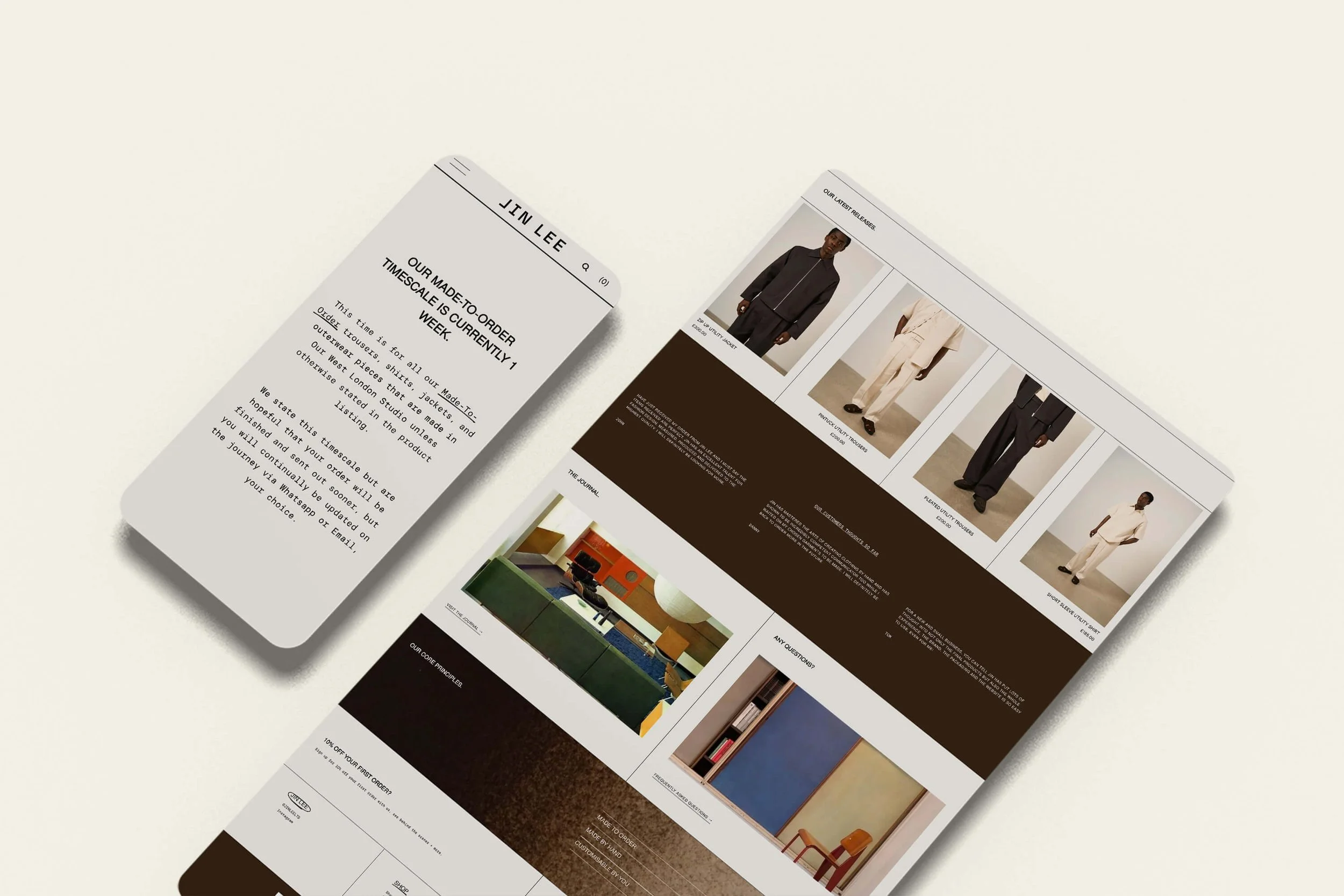 Screenshot of Jin Lee, a Squarespace online store example for a made-to-order fashion brand, showing a chic editorial homepage with a core principles section and clear product pages
