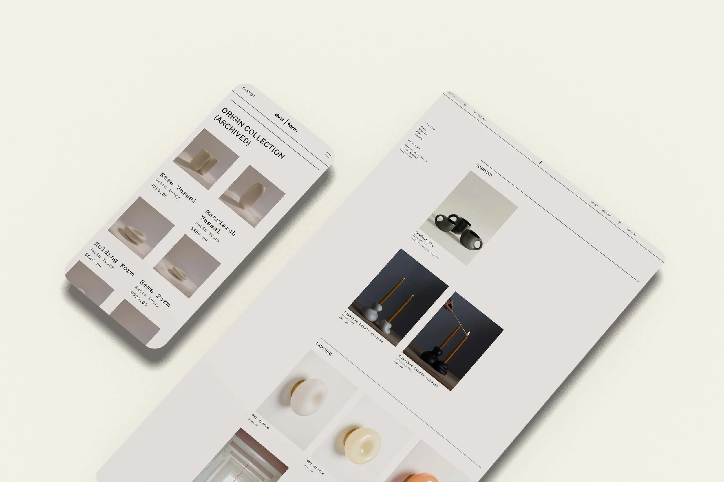 Screenshot of Dust + Form, a minimal Squarespace online store example for a ceramics and sculptural design studio, showing a filtered collections page and product listings