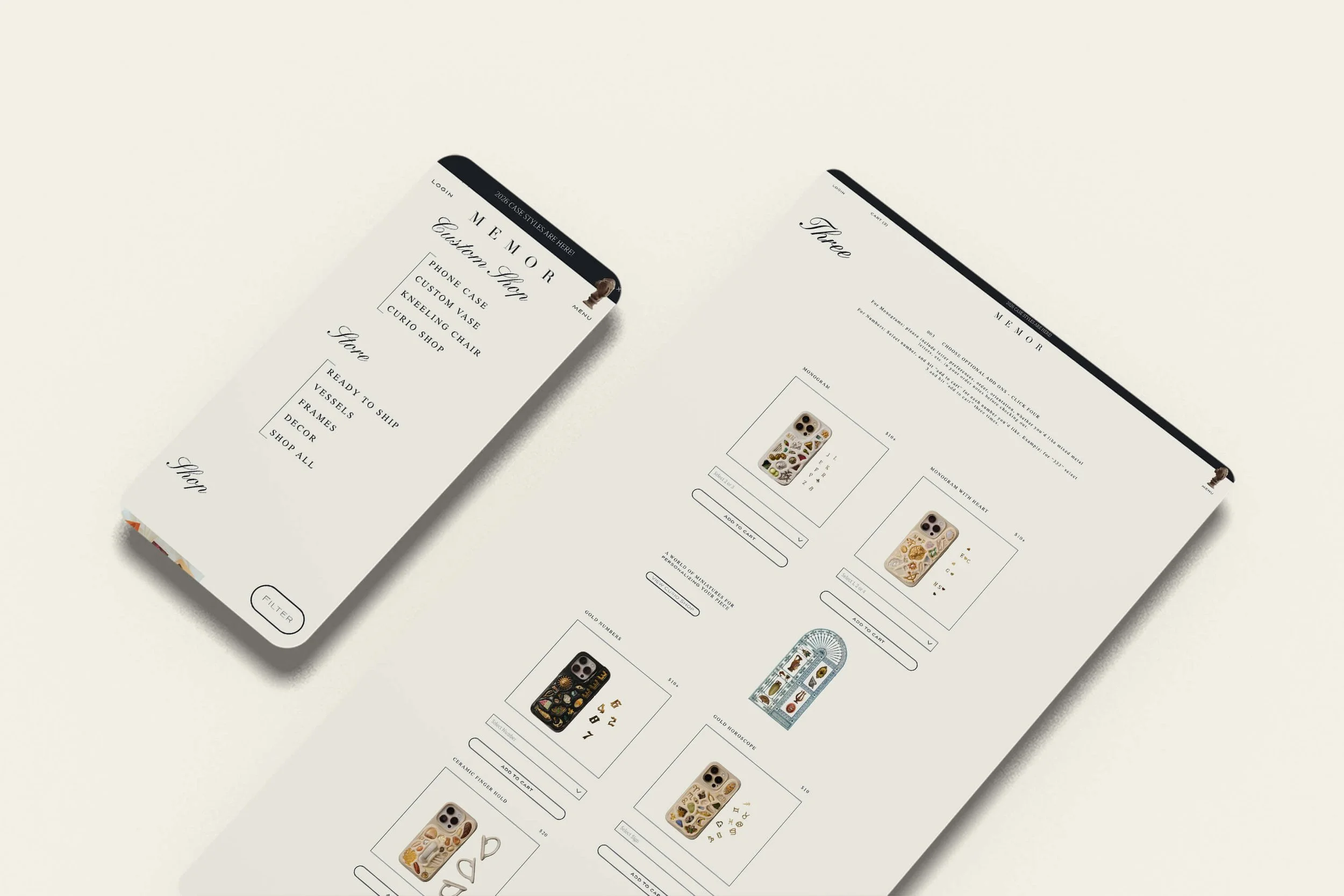 Screenshot of Memor, a Squarespace ecommerce example for a bespoke phone case maker, showing an understated, artisanal design and a multi-step custom ordering process