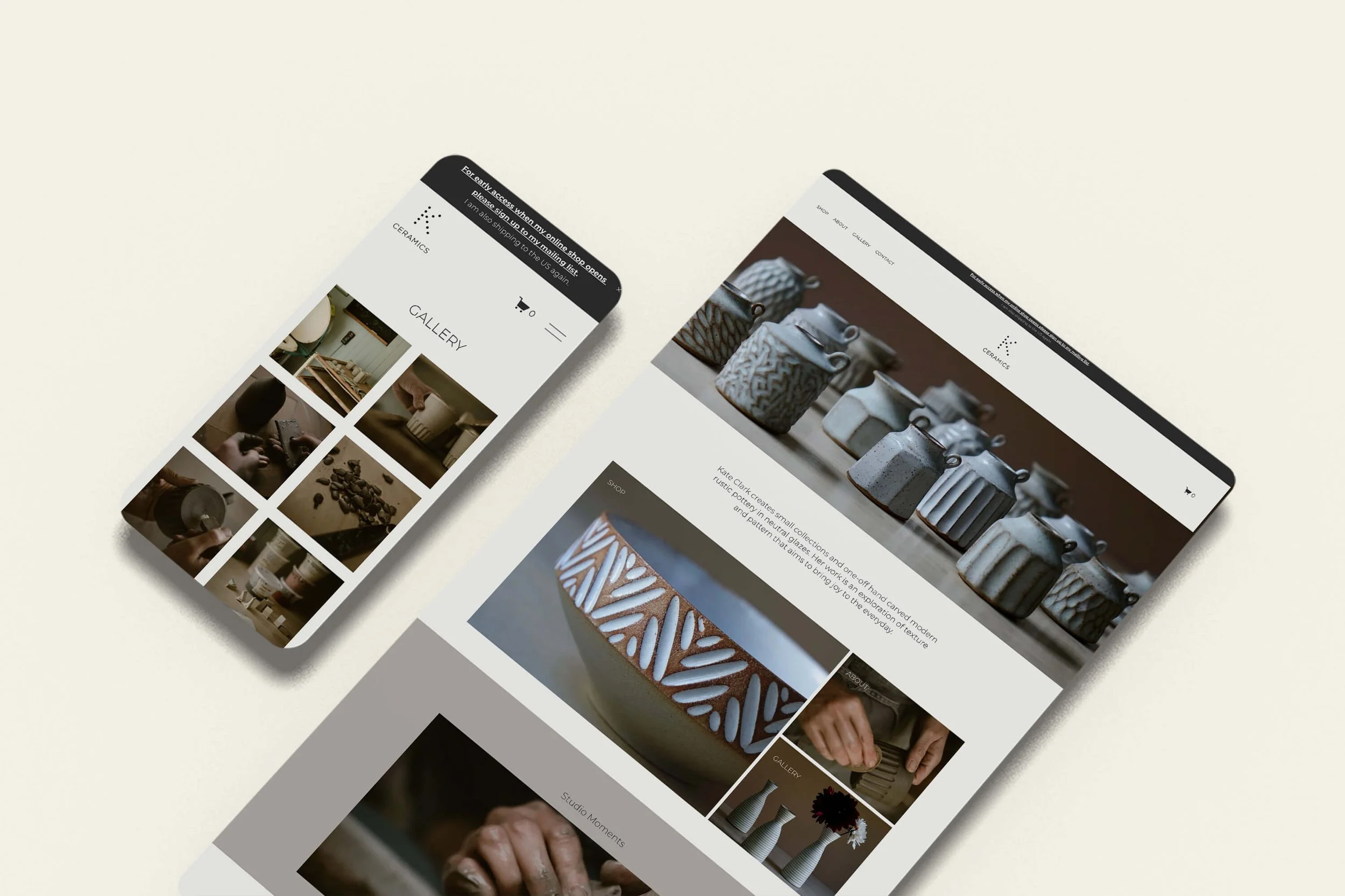 Screenshot of K Keramics, a Squarespace store example for a ceramics studio using video on the homepage and a drop-based shop model with early access for mailing list subscribers