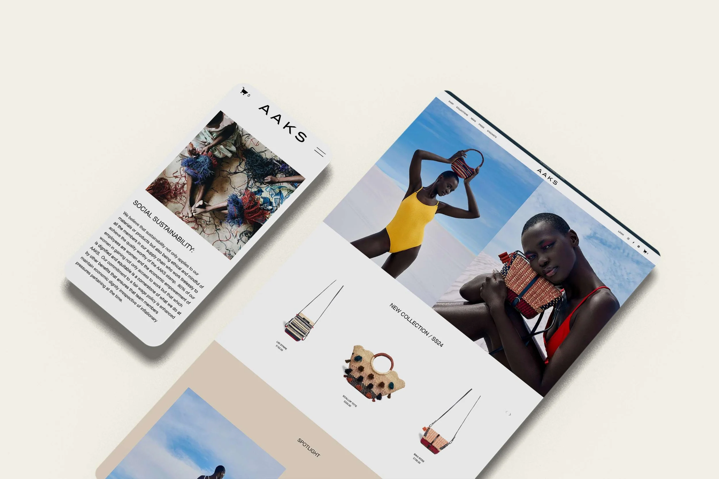 Screenshot of AAKS, one of the best Squarespace online store examples for small businesses, showing a design-forward homepage for a handmade woven bag brand with high-quality product photography