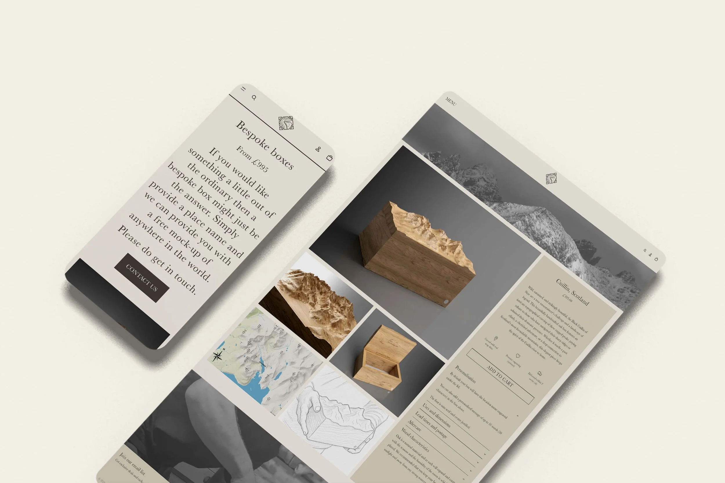 Screenshot of Contour Boxes, a Squarespace ecommerce website example for a specialised wooden box maker offering personalisation, showing accordion product pages and a custom order pop-up form