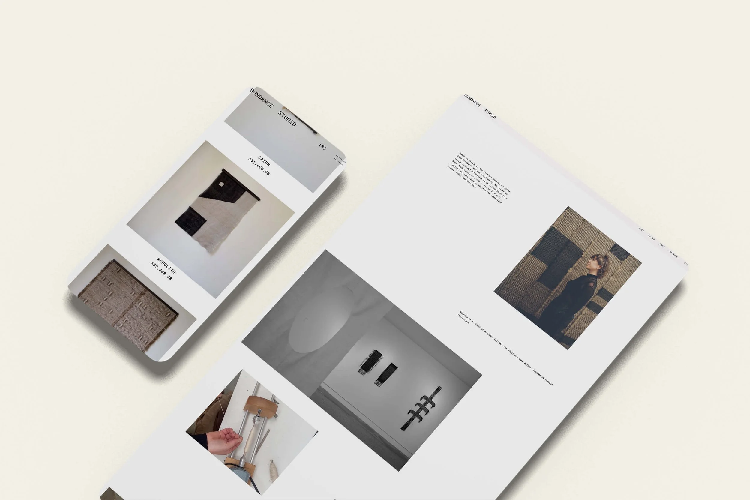 Screenshot of Sundance Studio, a Squarespace ecommerce website example for a handwoven textile maker, showing a pared-back editorial homepage and shop page