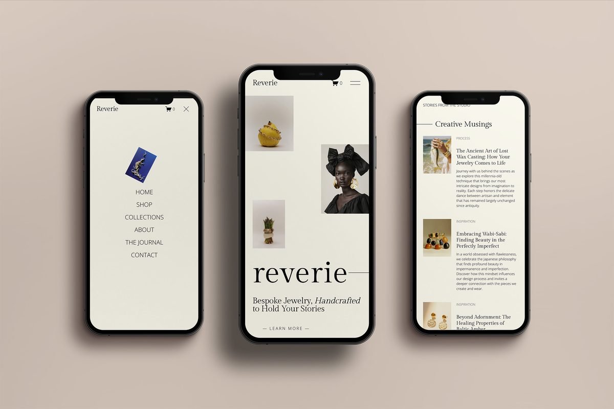 Three phones displaying Reverie jewelry website mobile menu, homepage, and journal