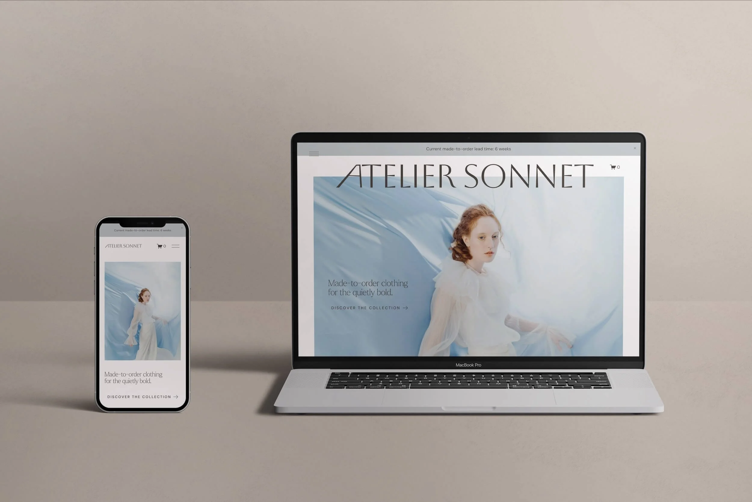 Laptop and phone displaying Atelier Sonnet made-to-order clothing website homepage