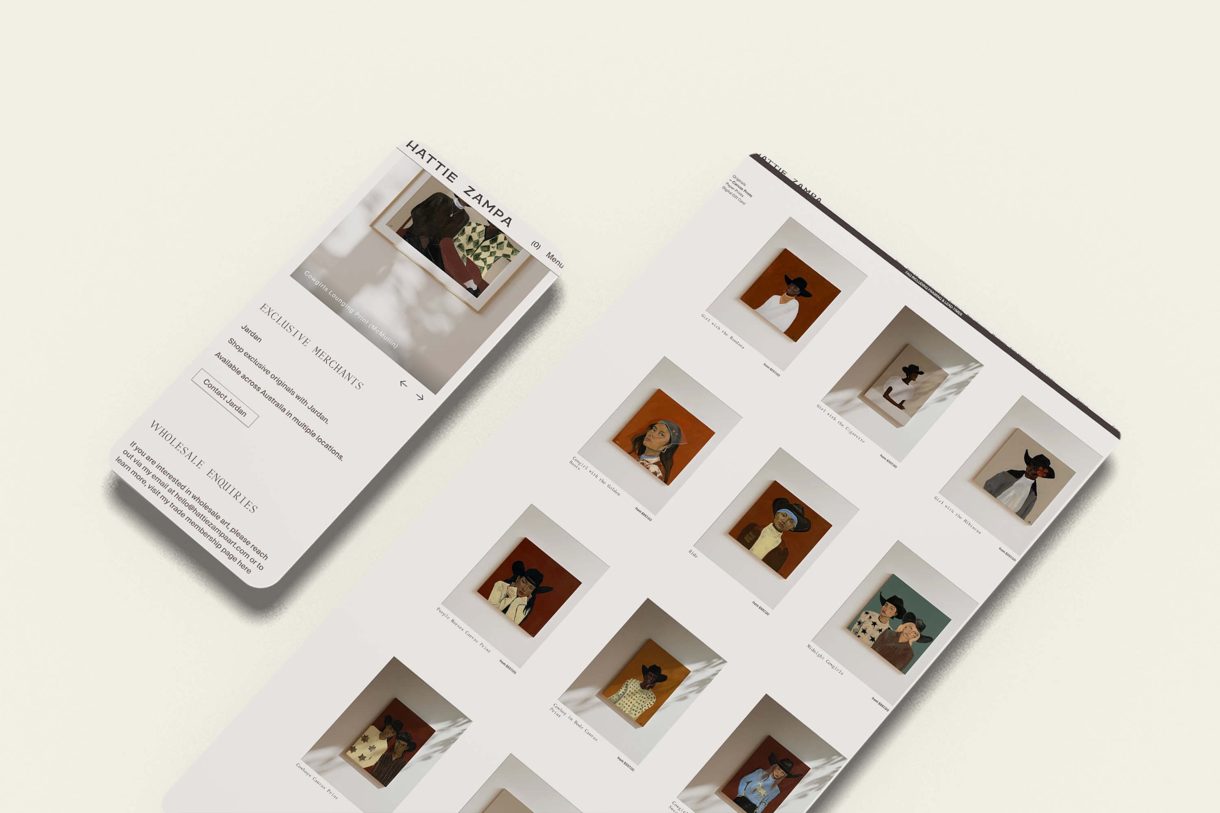 Screenshot of Hattie Zampa Art, a Squarespace store example for an independent artist selling originals and prints, with pages for online retail, stockists and trade membership