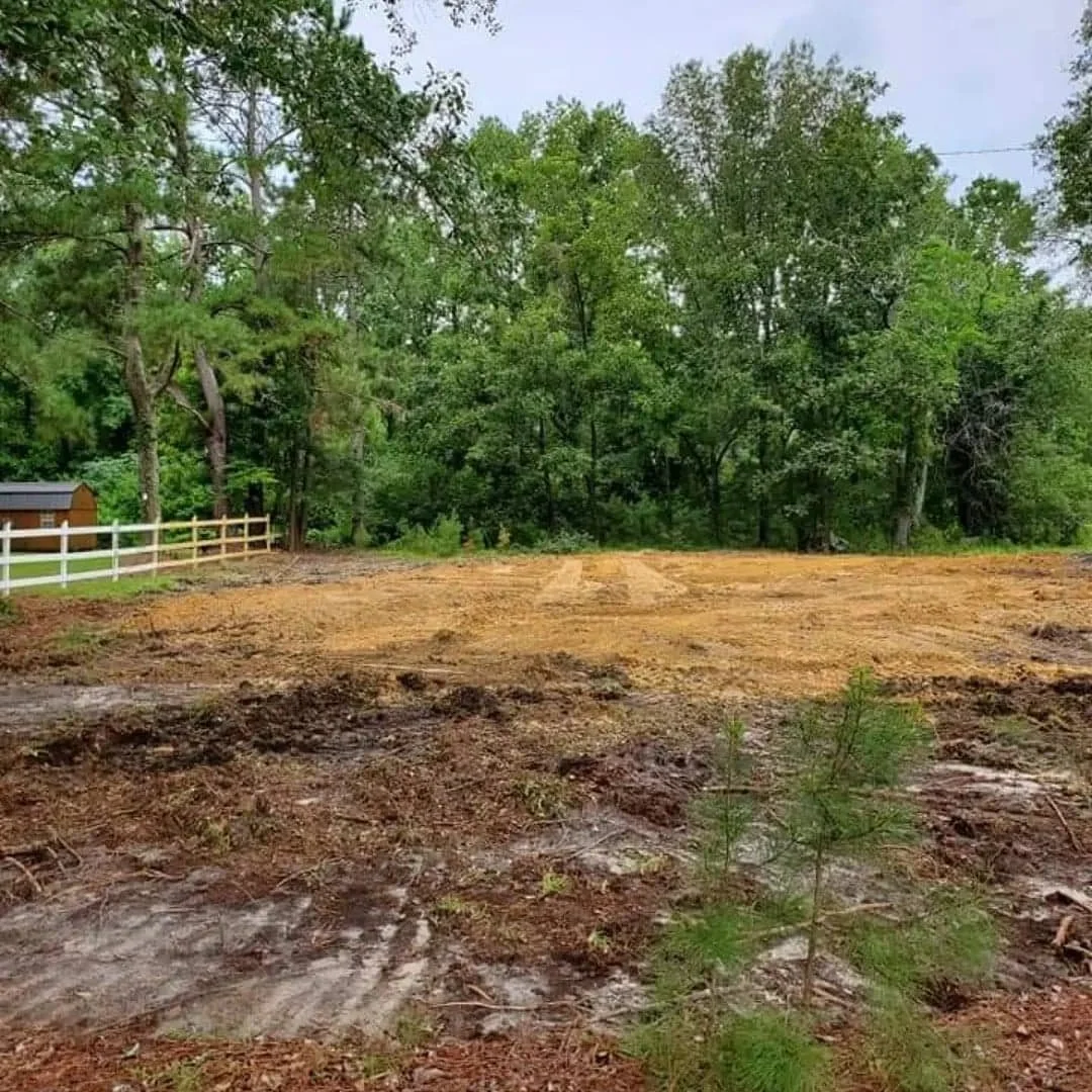 A cleared, dirt-plowed area of land with a background of tall green trees and a cloudy sky.