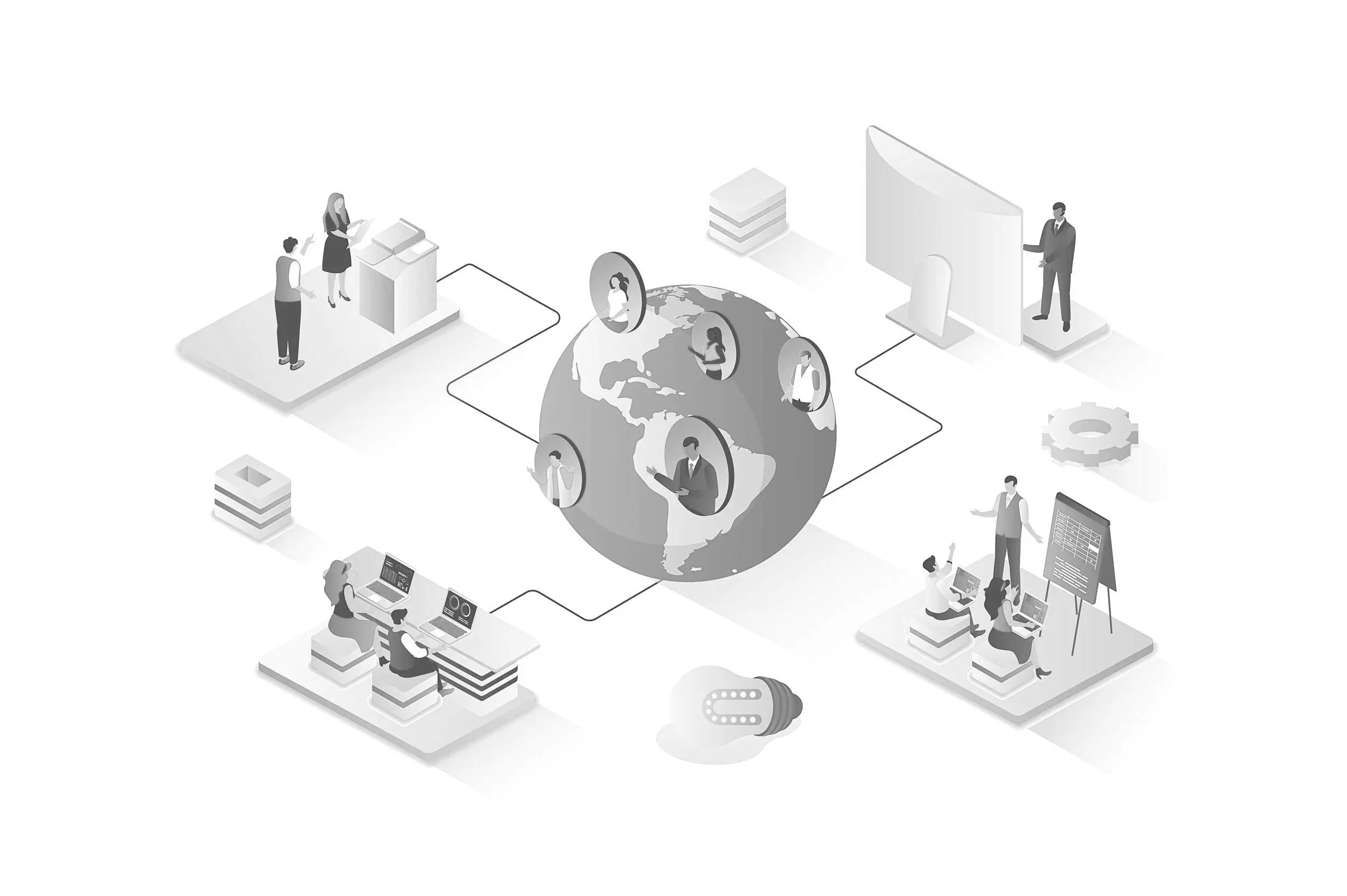 A digital illustration of a global network connecting people through technology, including individuals working on computers, a person presenting at a stand, and symbols of data and technology.