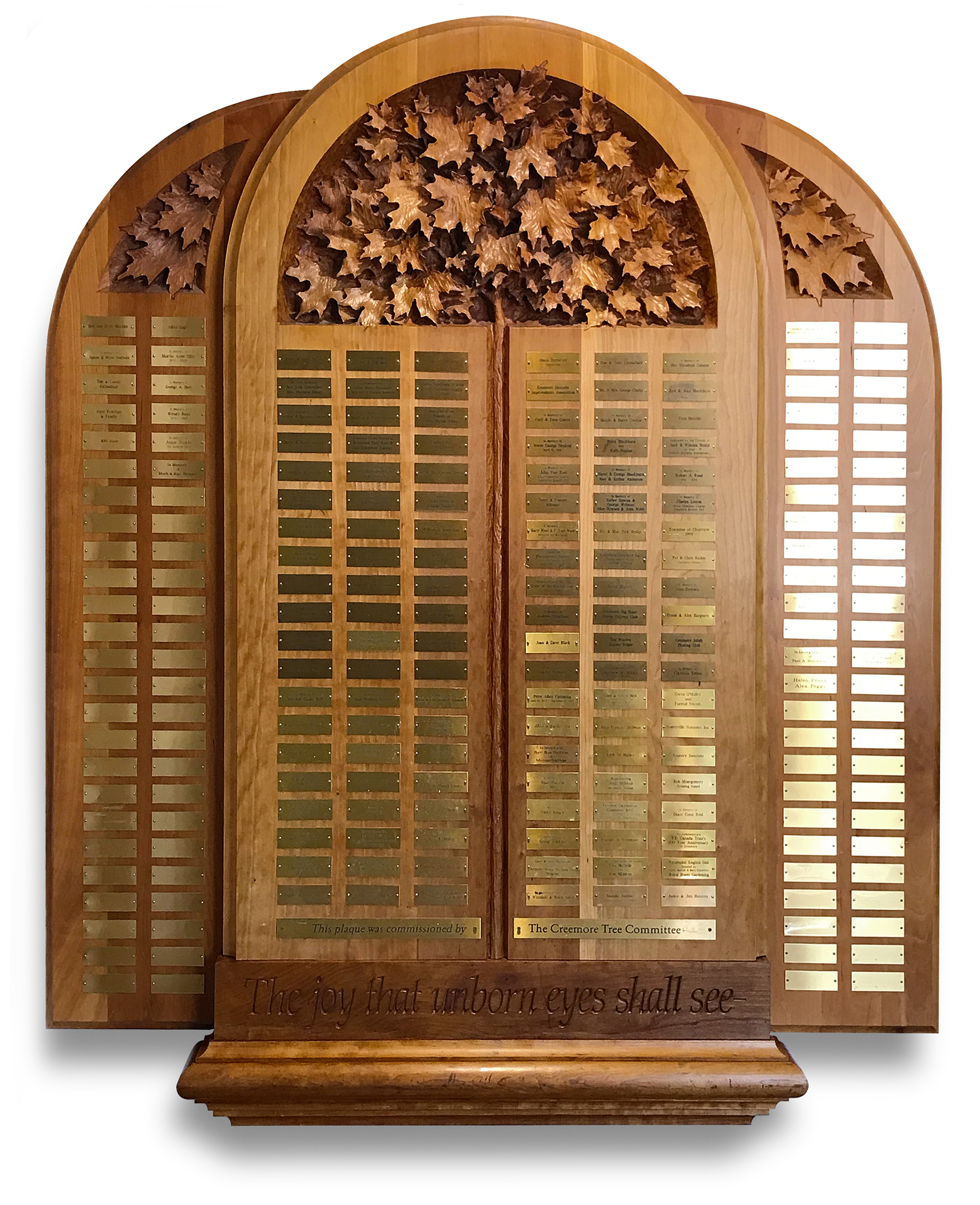Hand-carved 72" x 60" x 3" cherry wood plaque recognizing donors to Creemore’s tree program, honouring contributions for future generations. Installed at the Station on the Green, it celebrates community and enduring legacy.