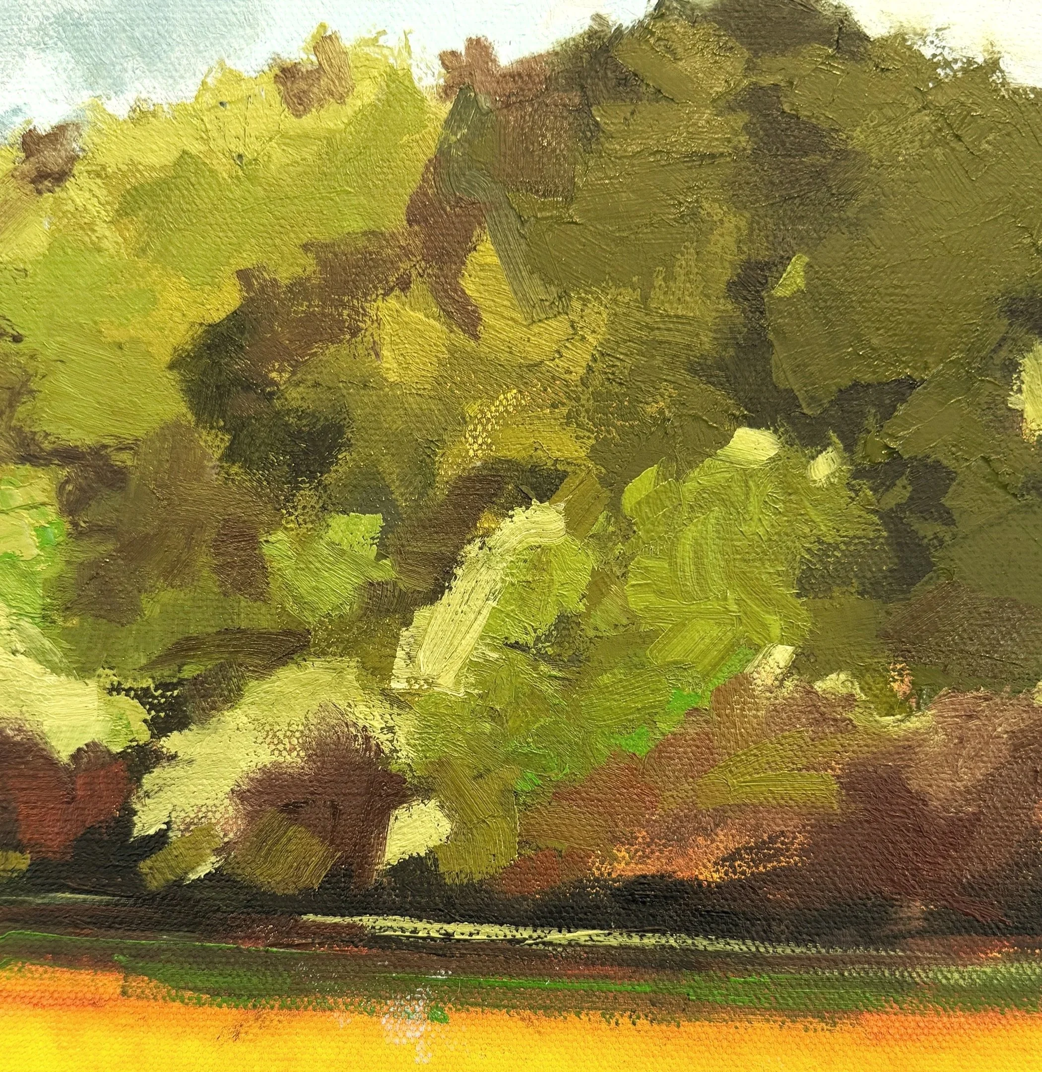 Landscape oil painting of a sunlit field parched by the summer sun, with tree-covered mountains in the background. By California artist, Charlene Will. Title: Summer Days, copyright 2026 charlene will