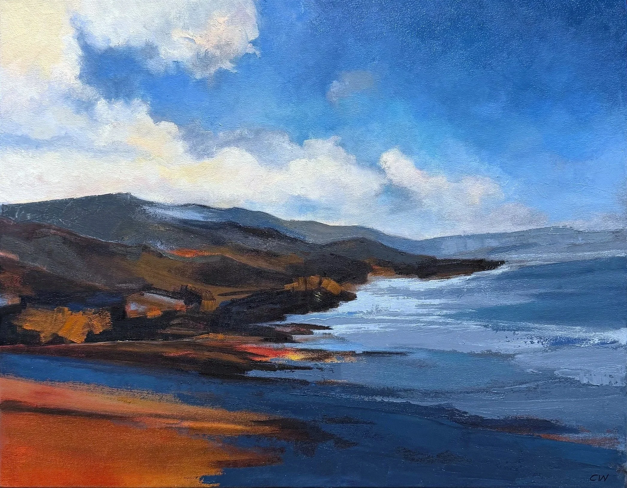 Landscape oil painting of sunrise fog over Central California coastline and ocean, by California artist, Charlene Will. Title: Little Cat Paws, copyright 2026 charlene will