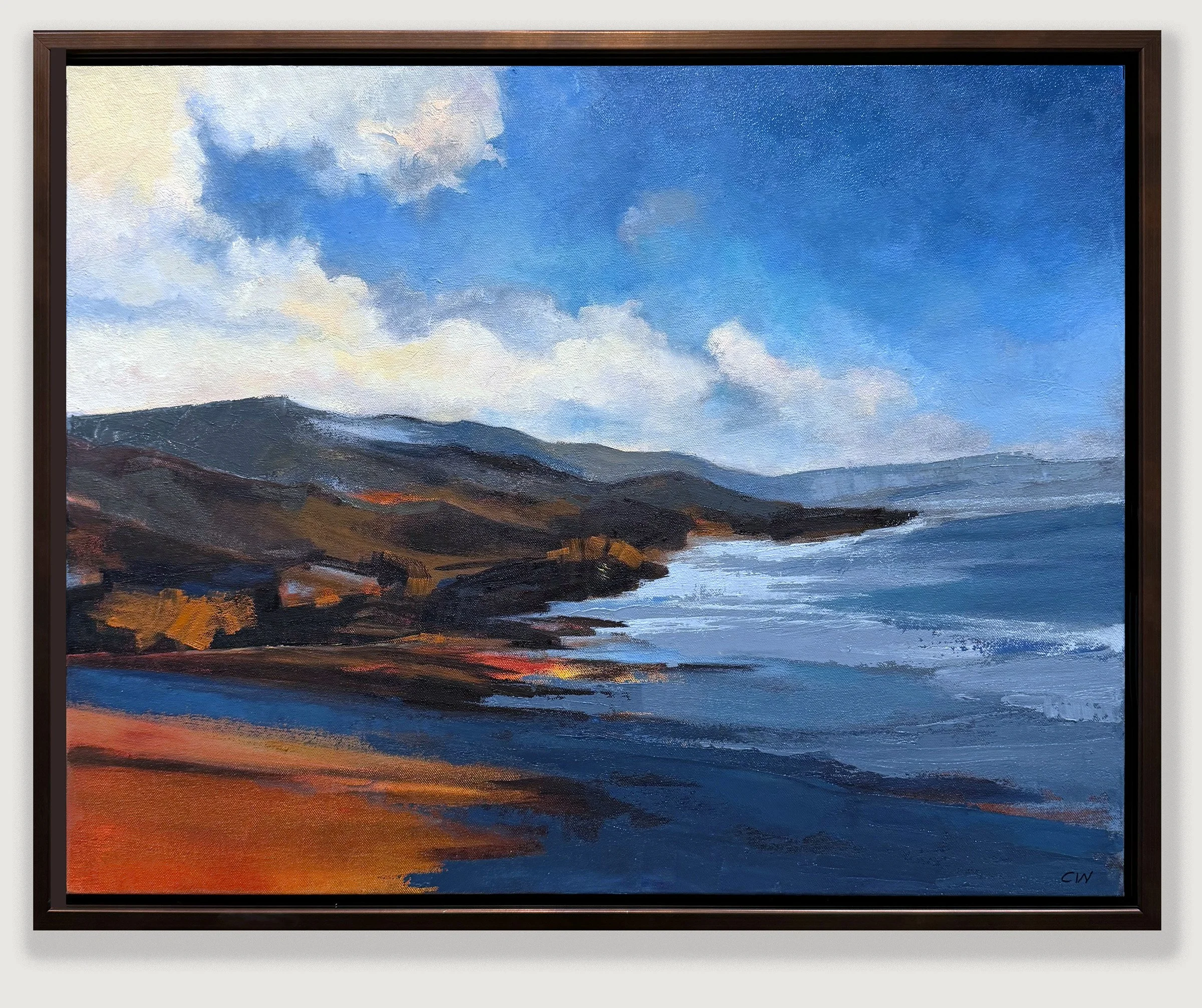 Landscape oil painting of sunrise fog over Central California coastline and ocean, by California artist, Charlene Will. Title: Little Cat Paws, copyright 2026 charlene will
