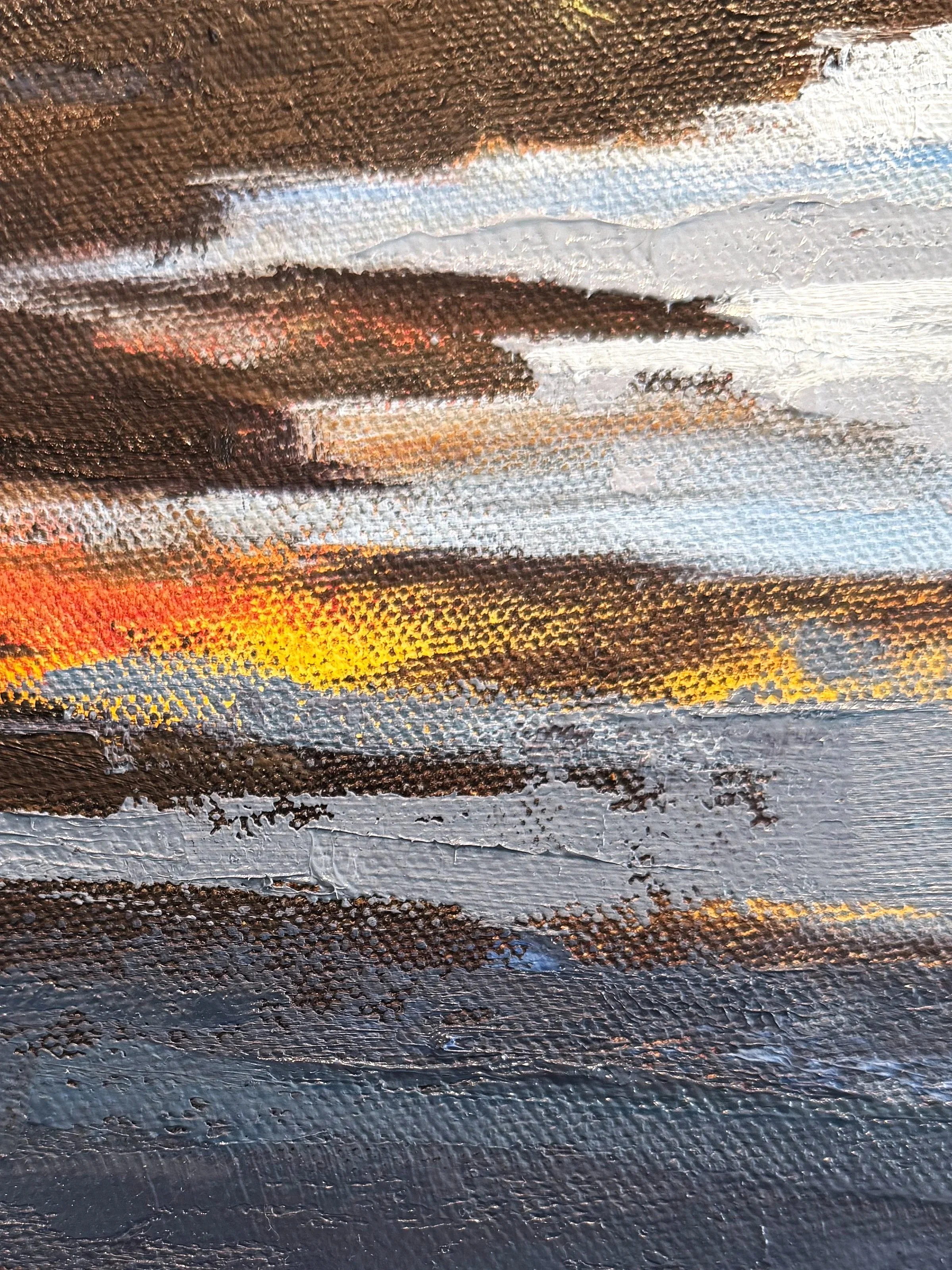 Landscape oil painting of sunrise fog over Central California coastline and ocean, by California artist, Charlene Will. Title: Little Cat Paws, copyright 2026 charlene will