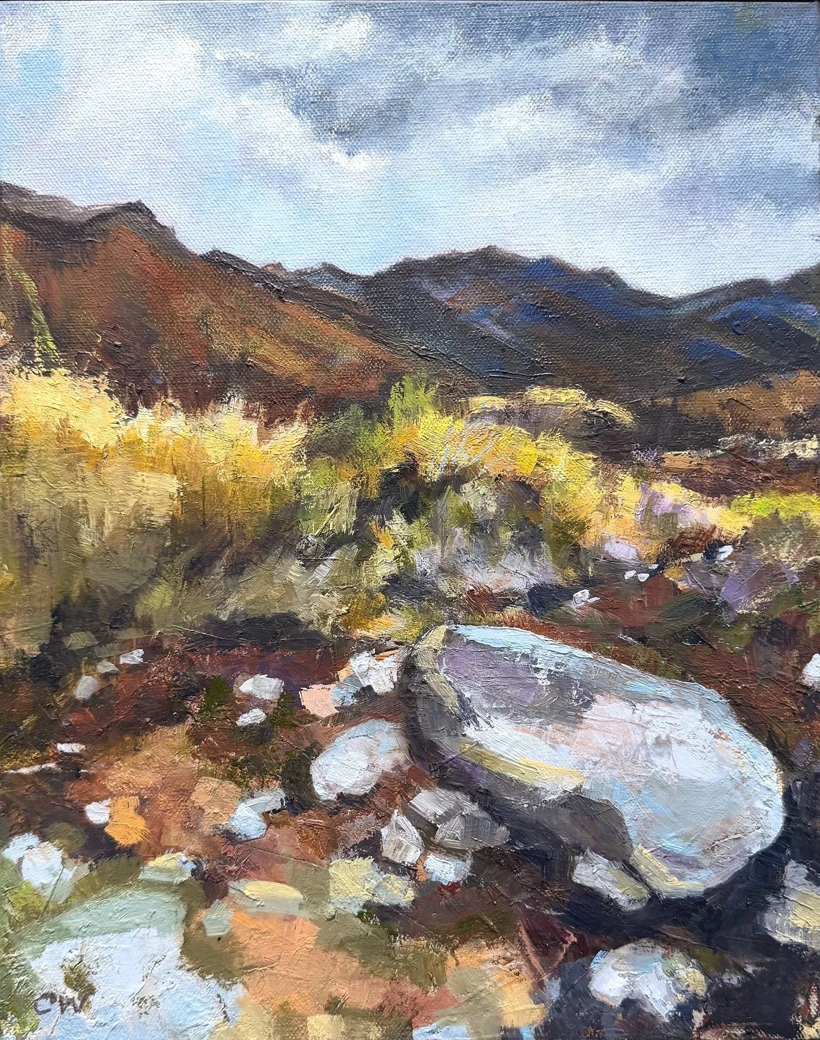 An original landscape oil painting of the Panamint Mountain Range in Death Valley. Vivid dark purples, bt sienna, yellow, with a dark stormy sky at sunset. By California artist, Charlene Will