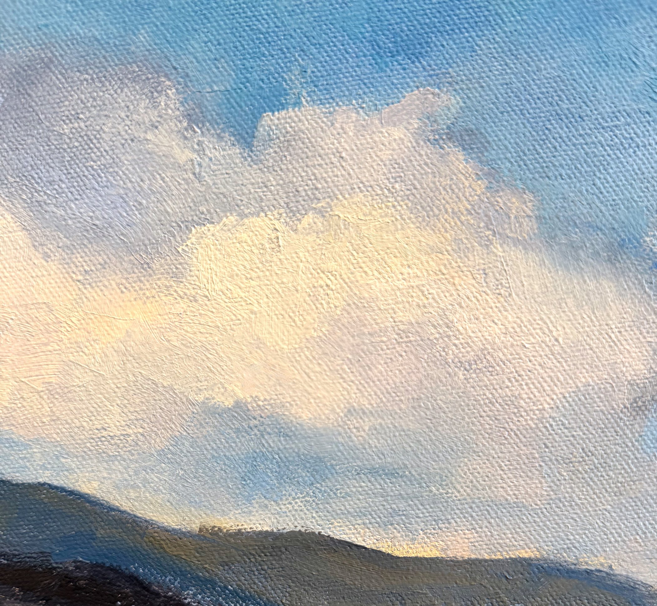 Landscape oil painting of sunrise fog over Central California coastline and ocean, by California artist, Charlene Will. Title: Little Cat Paws, copyright 2026 charlene will