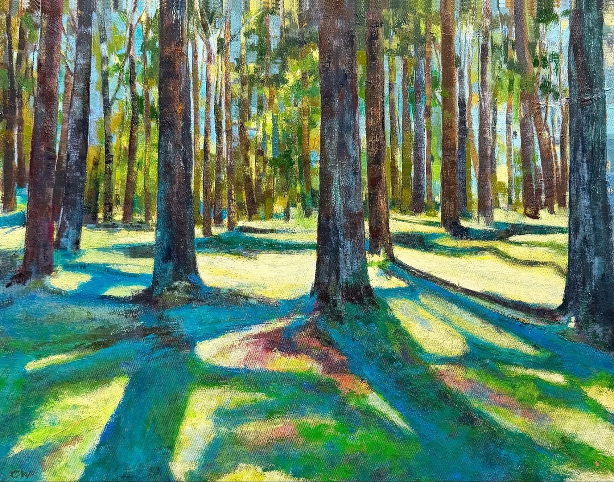Landscape oil painting of sunlit grove of trees with strong shadows, by California artist, Charlene Will. Title: Conversations Among Trees, copyright 2026 charlene will