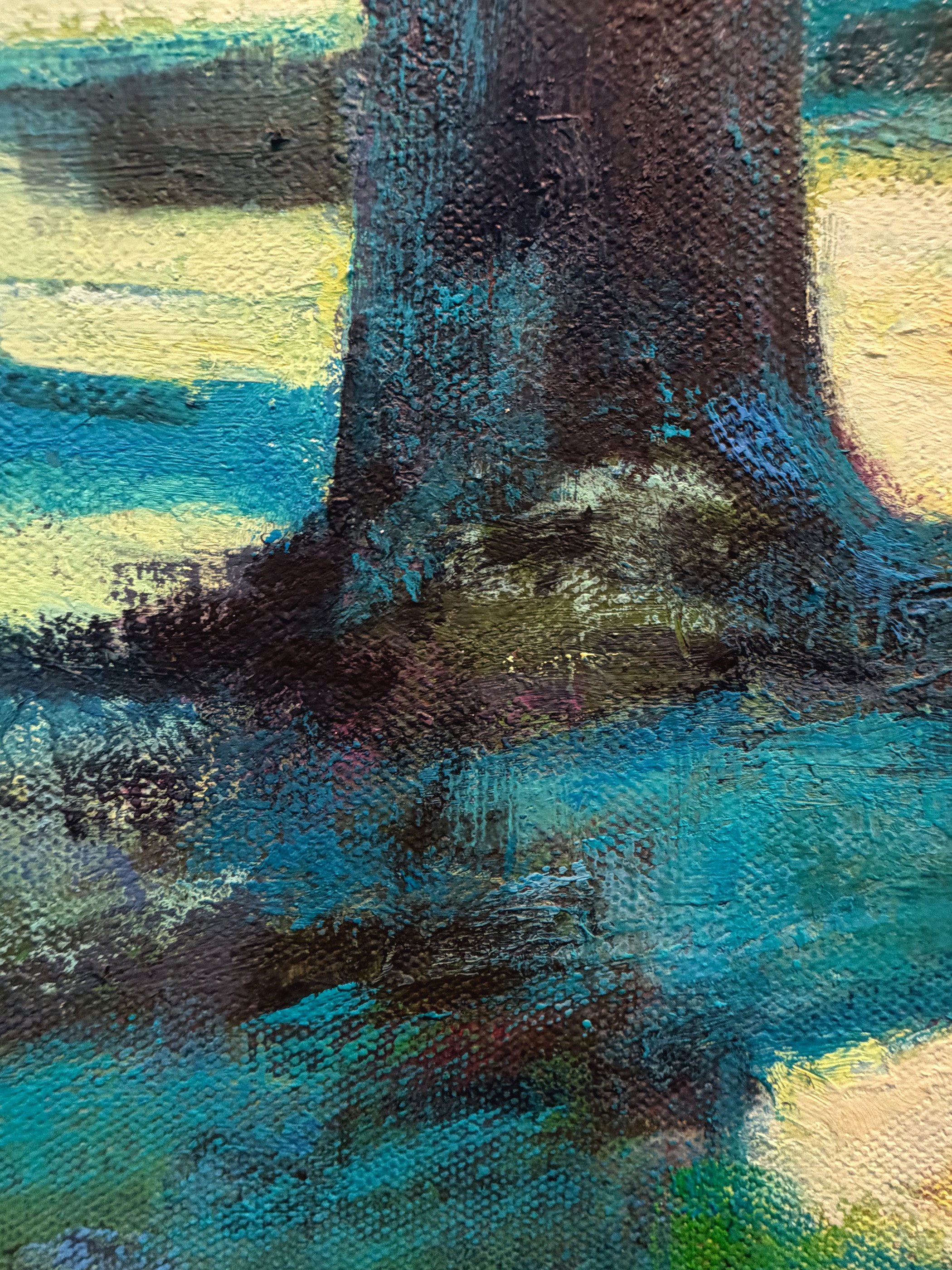 Landscape oil painting of sunlit grove of trees with strong shadows, by California artist, Charlene Will. Title: Conversations Among Trees, copyright 2026 charlene will