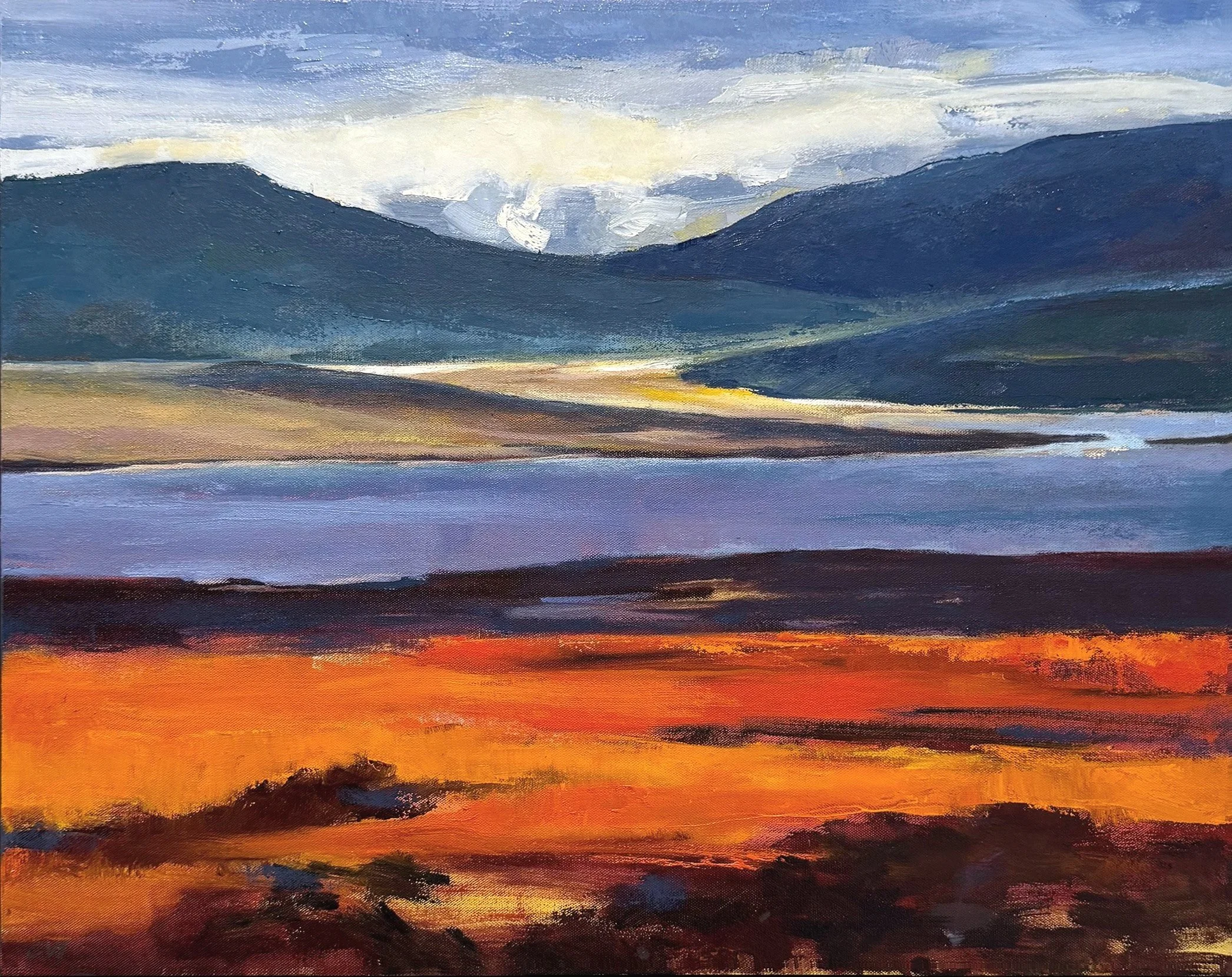 Original landscape oil painting, of Nicasio Reservoir with bright, subjective color at sunrise. By California artist, Charlene Will..jpg