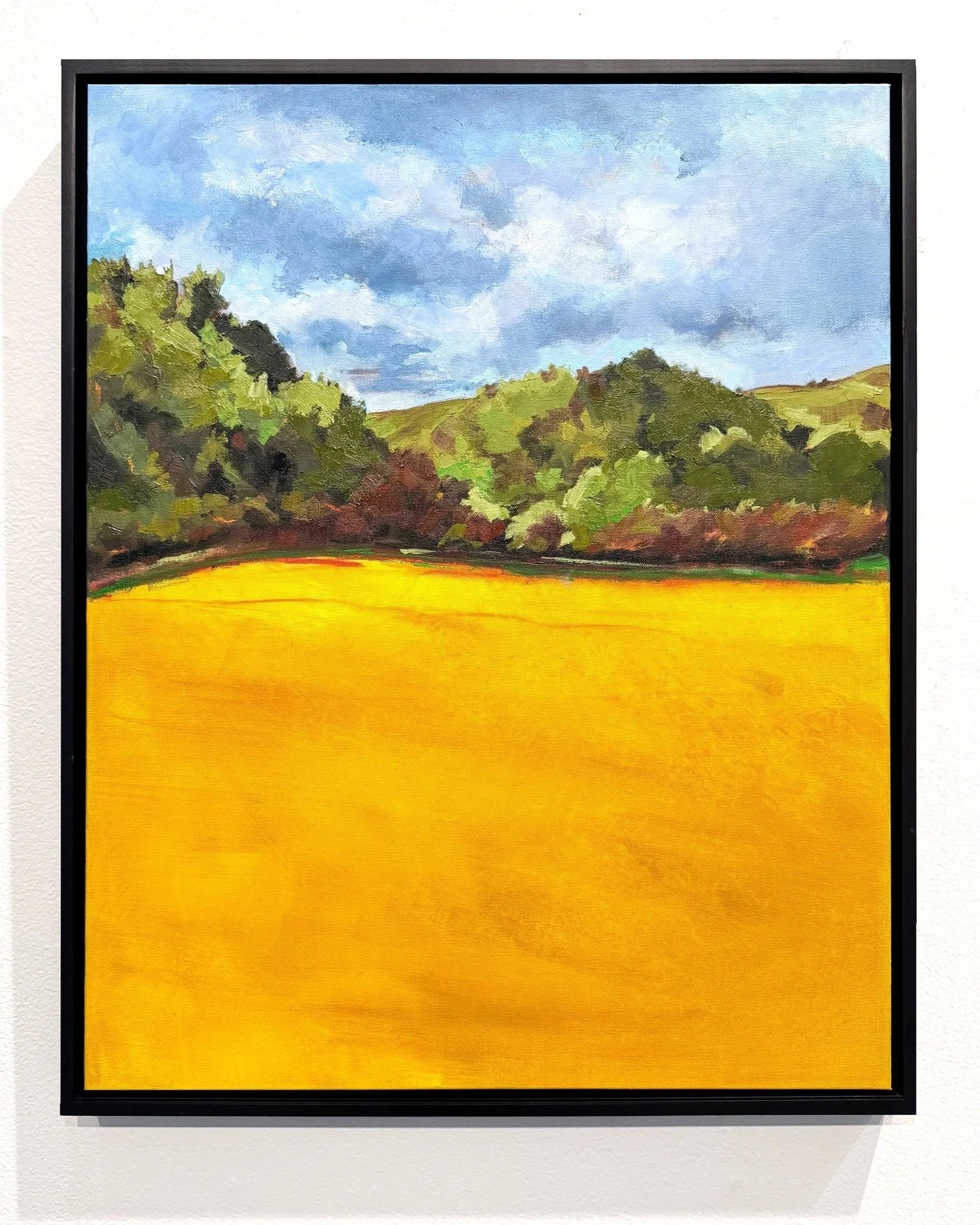 Landscape oil painting of a sunlit field parched by the summer sun, with tree-covered mountains in the background. By California artist, Charlene Will. Title: Summer Days, copyright 2026 charlene will