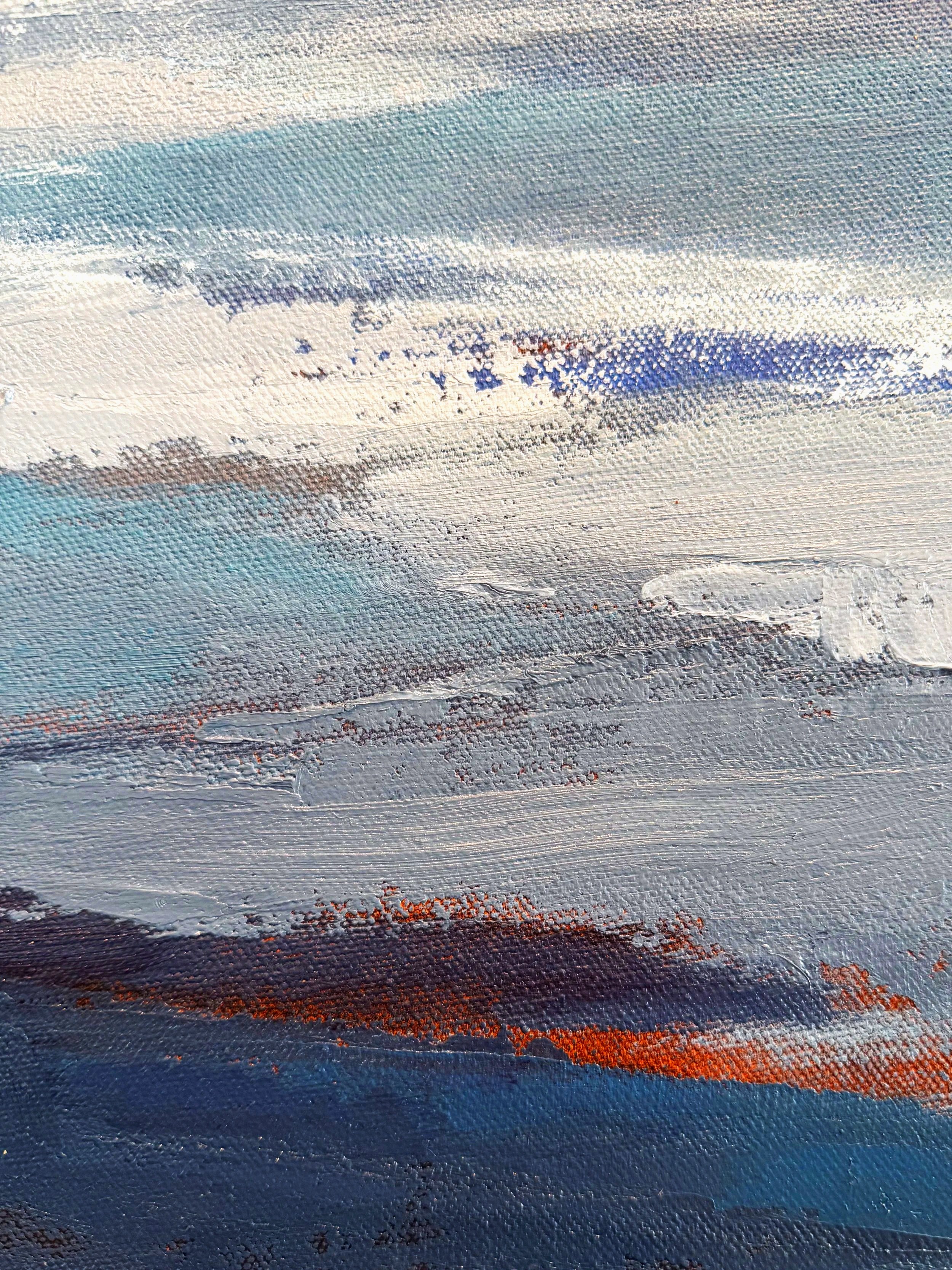 Landscape oil painting of sunrise fog over Central California coastline and ocean, by California artist, Charlene Will. Title: Little Cat Paws, copyright 2026 charlene will