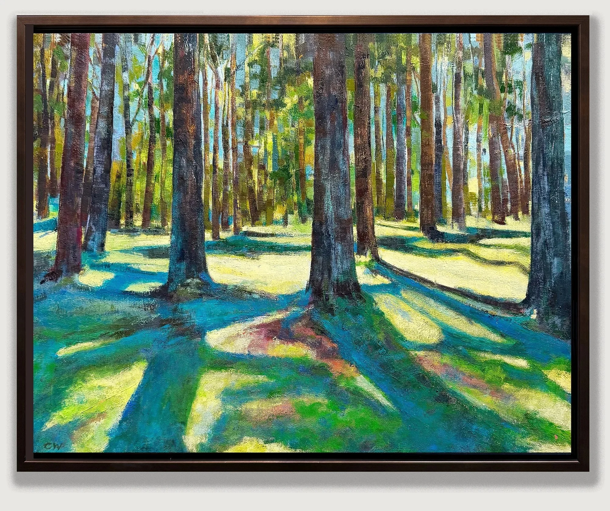 Landscape oil painting of sunlit grove of trees with strong shadows, by California artist, Charlene Will. Title: Conversations Among Trees, copyright 2026 charlene will