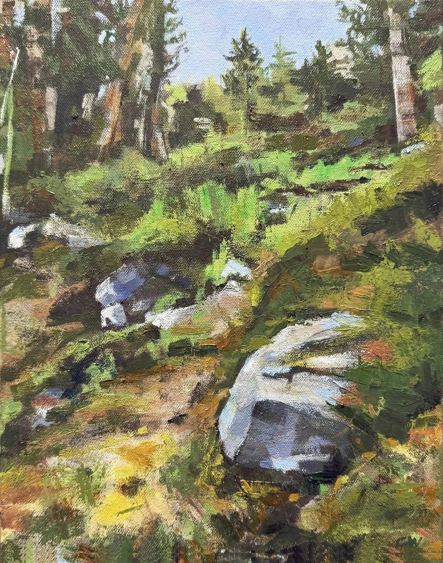 Landscape oil painting of Mammoth Lakes hillside during winter snowmelt, by California artist, Charlene Will. Title: Rock Steady, copyright 2025 charlene will.jpg