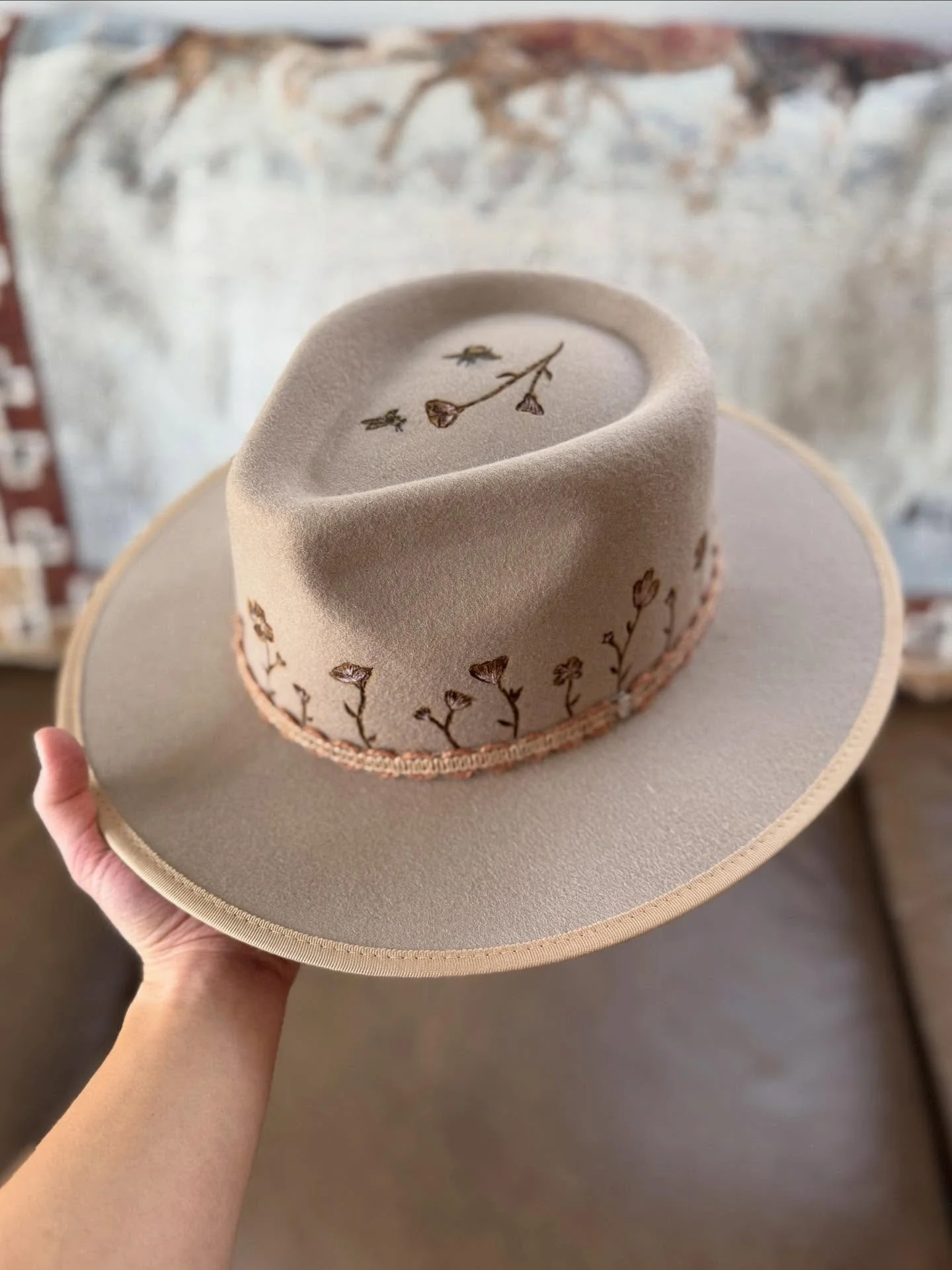 &mdash;&mdash;&mdash;
W I L D  R E V E R I E
&mdash;&mdash;&mdash;
A soft, wandering daydream of wildflowers &mdash; lightly burned around the crown and finished with a delicate band. A quiet little reverie you can wear.
&mdash;&mdash;&mdash;
One of 