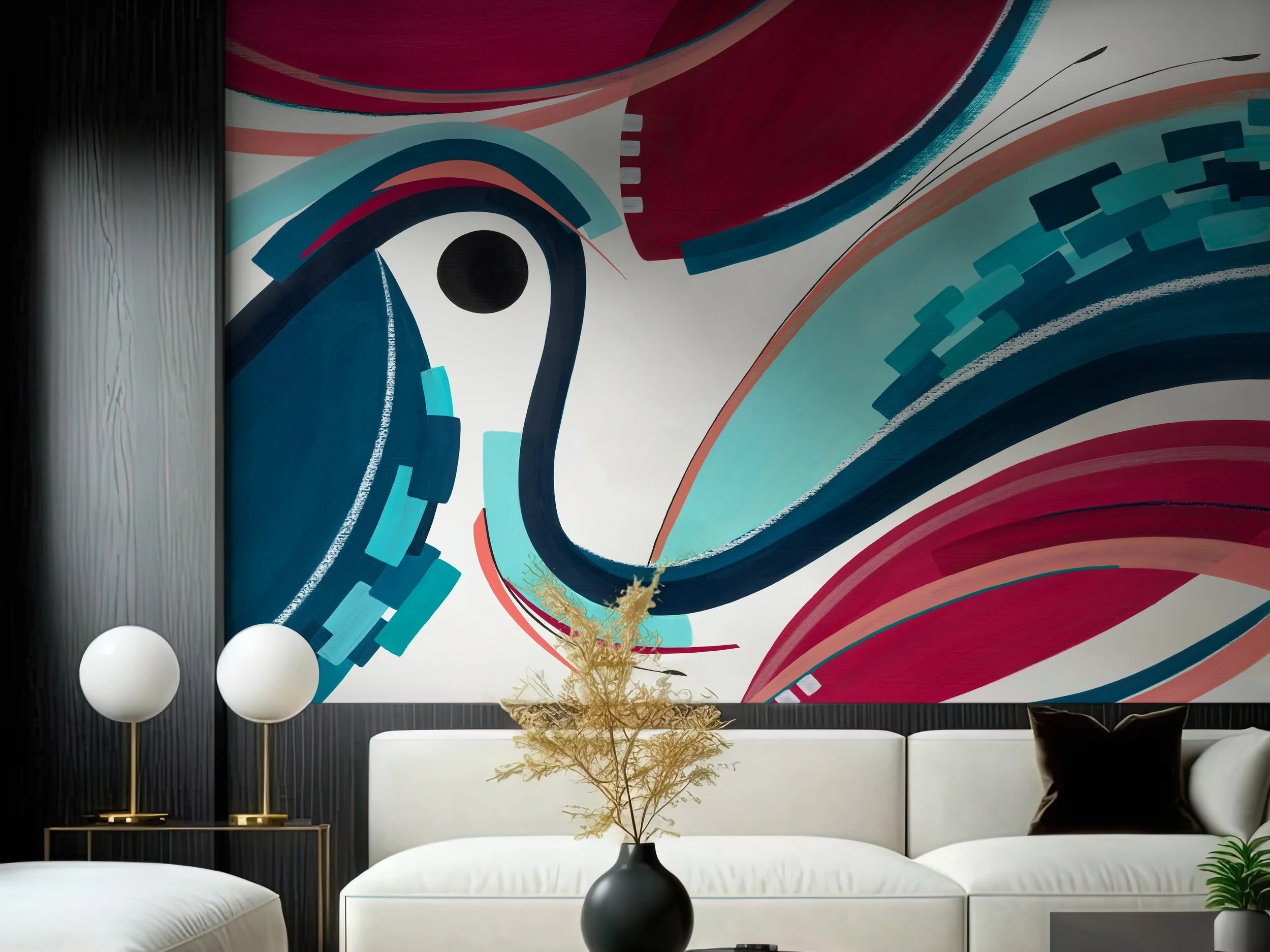 Salon moderne avec une grande fresque abstraite colorée sur le mur, canapé blanc avec coussin noir, vase noir avec branches séchées, lampes en verre blanc sur une table noire.