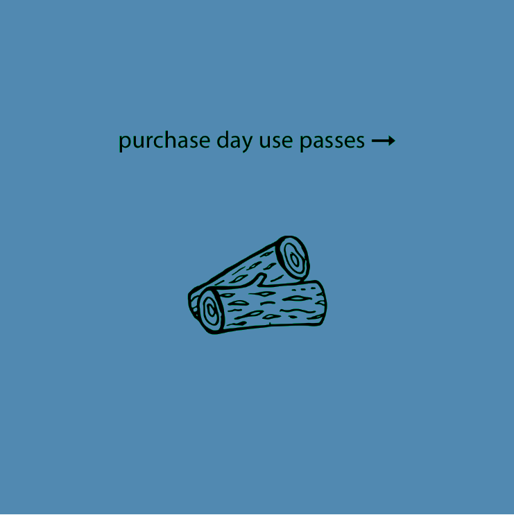 Illustration of two logs of wood on a blue background, with text indicating 'purchase day use passes' and an arrow pointing to the right.