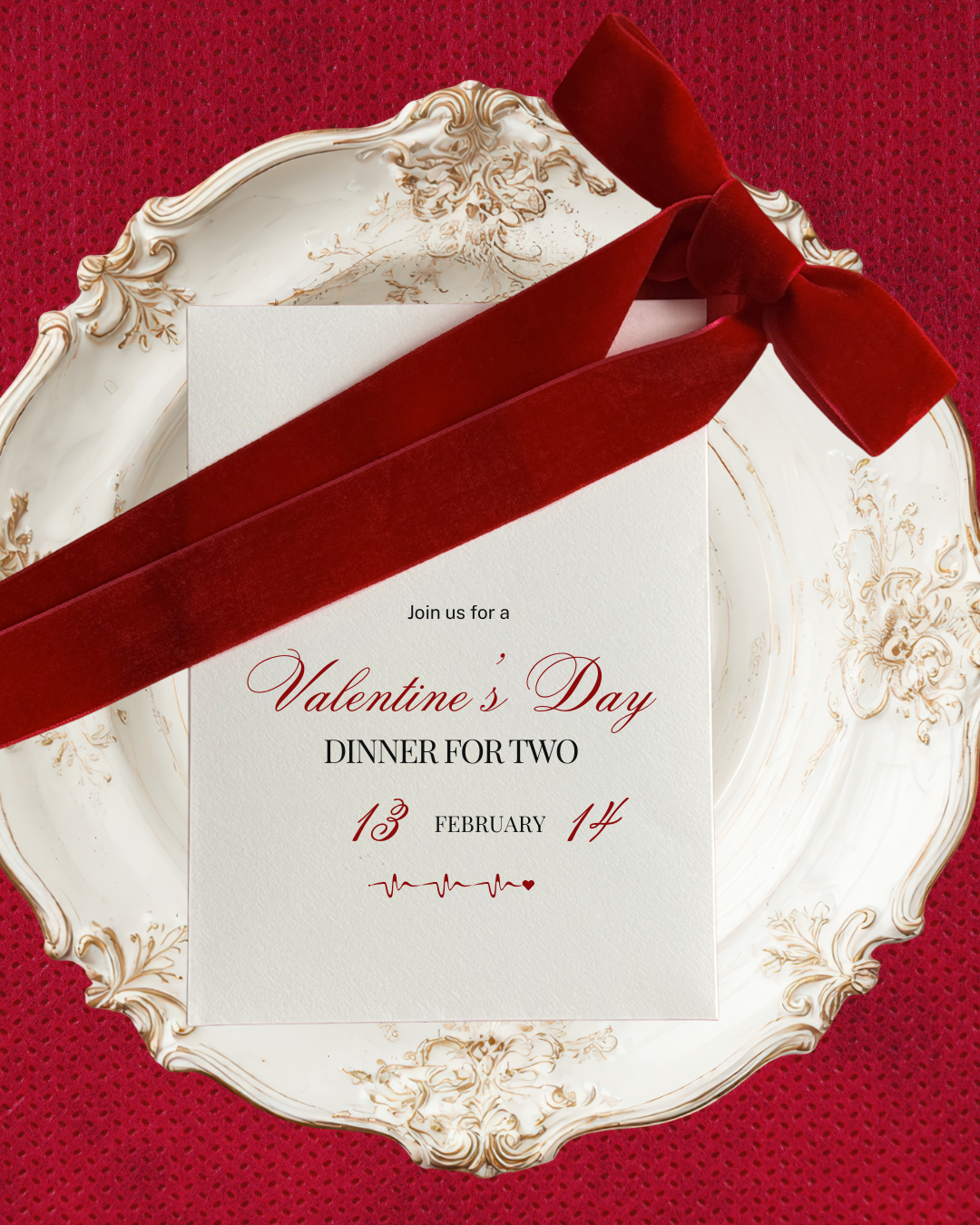 Valentine's Day dinner invitation card with a red velvet ribbon on an ornate white serving tray, set on a red textured background.