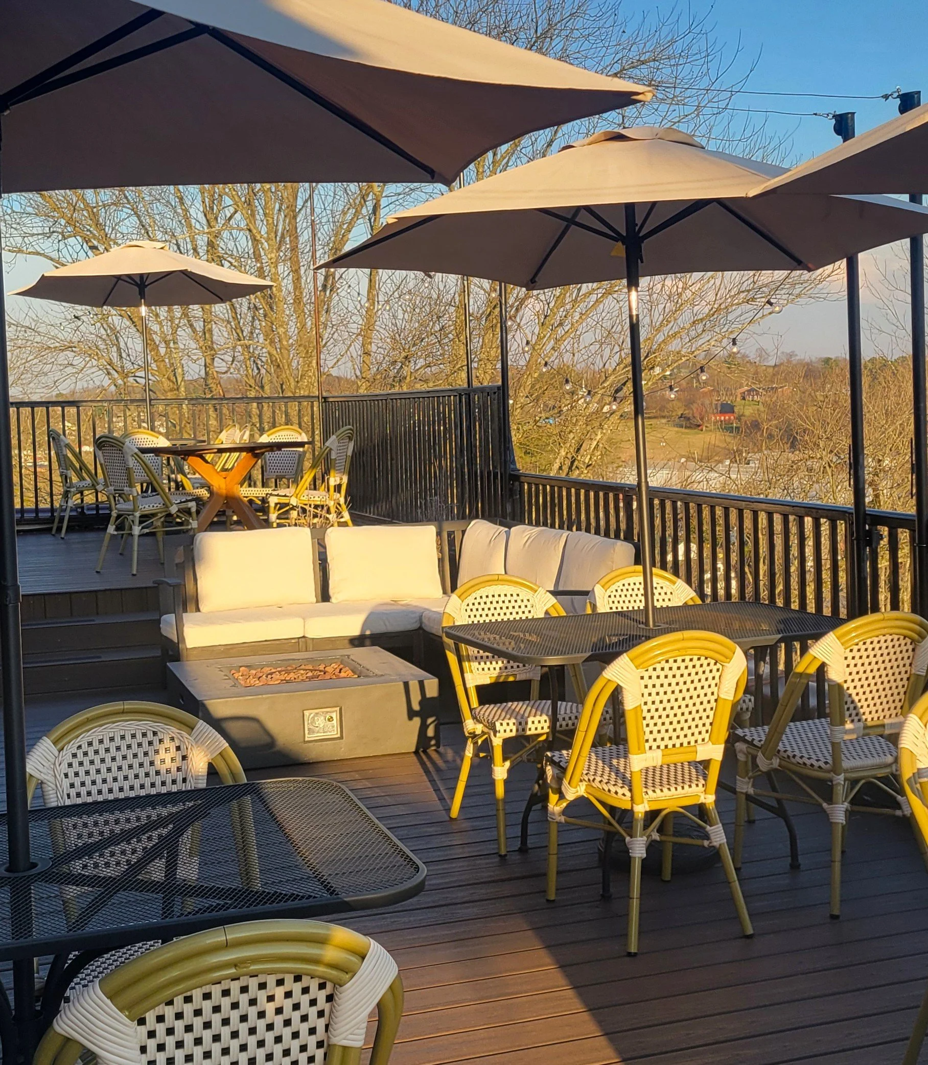 An outdoor patio with tables, chairs, umbrellas, and a seating area by a lake or river, with leafless trees in the background.