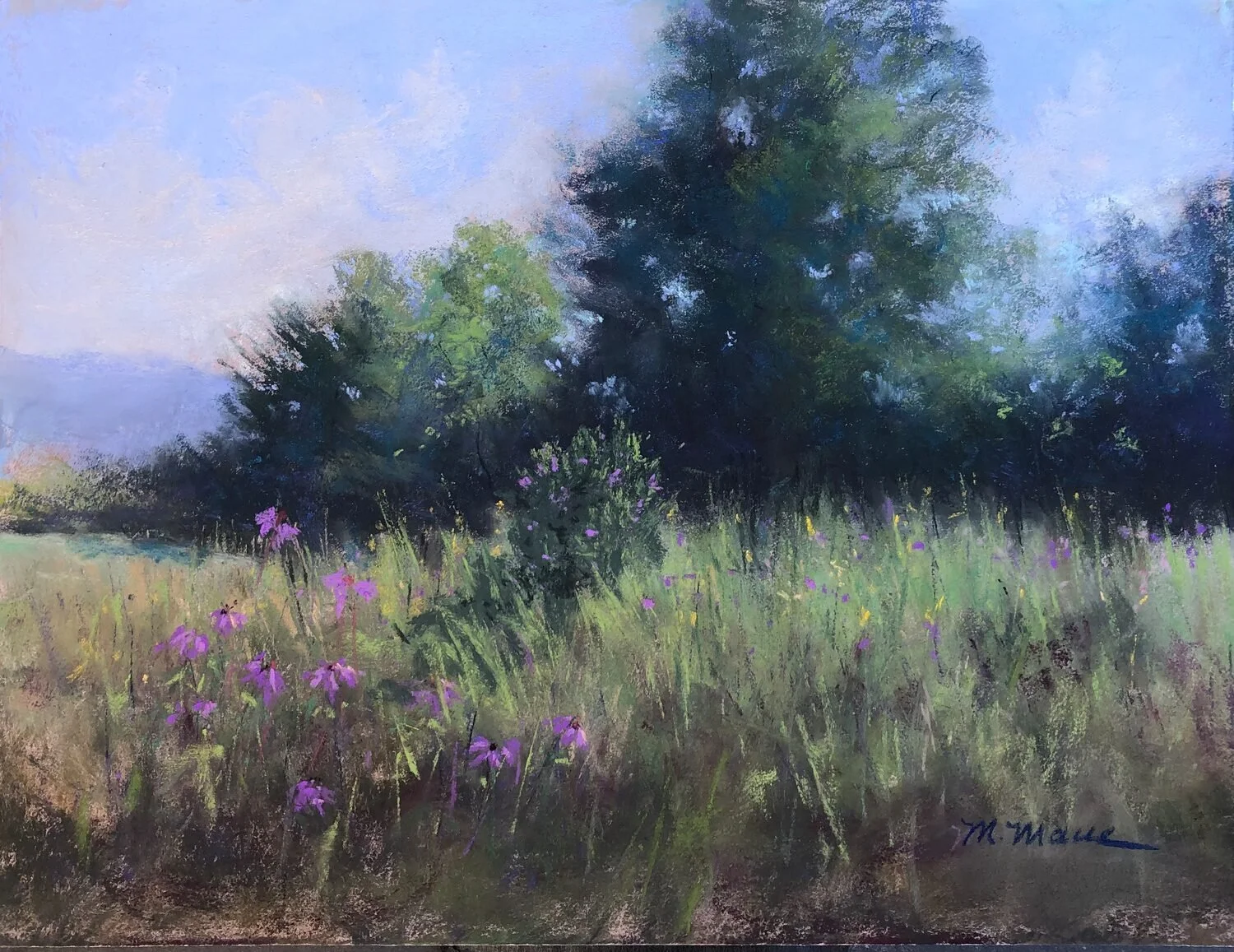 A painting of a wild field with grasses and purple and yellow flowers before a background of varying deciduous trees in an impressionist style in the soft pastel medium.