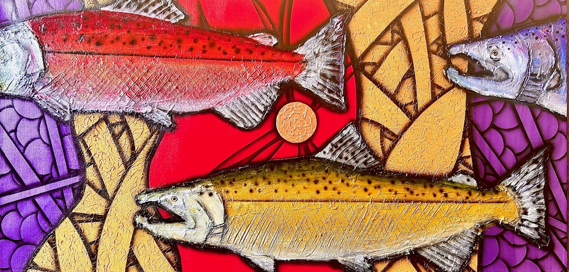 Three Chinook Salmon, 24x48 mixed media, $3500