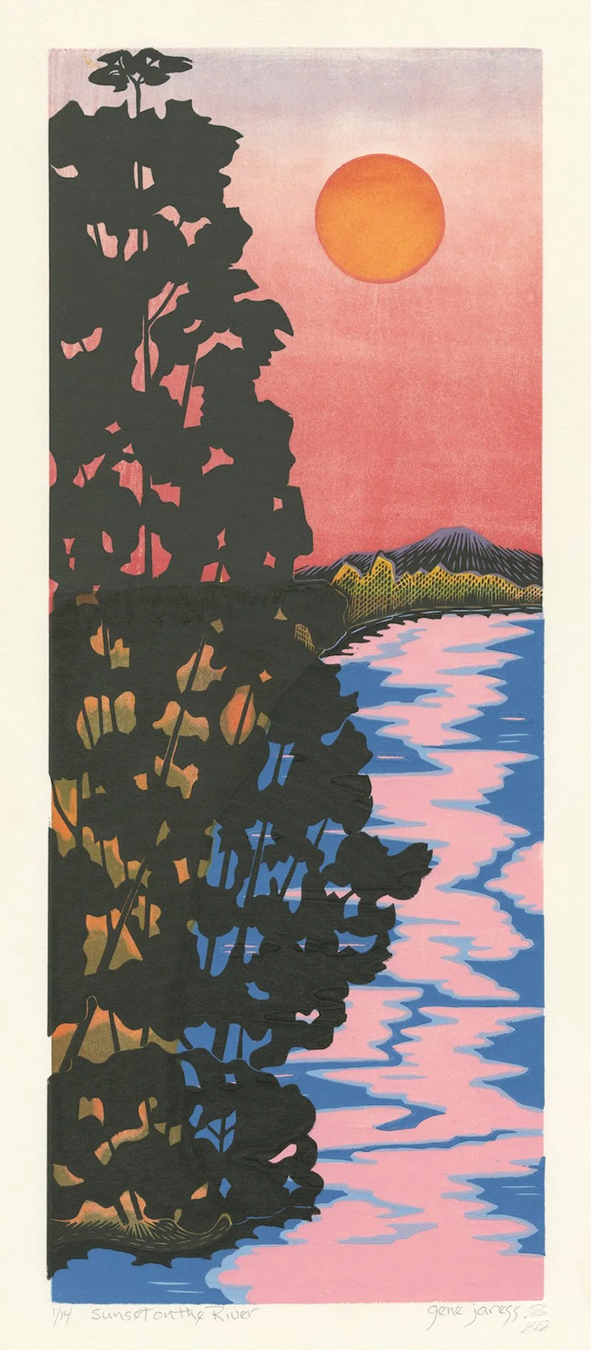 Gene Jaress - Sunset on the River, 23x11 Limited Edition woodcut print, $750