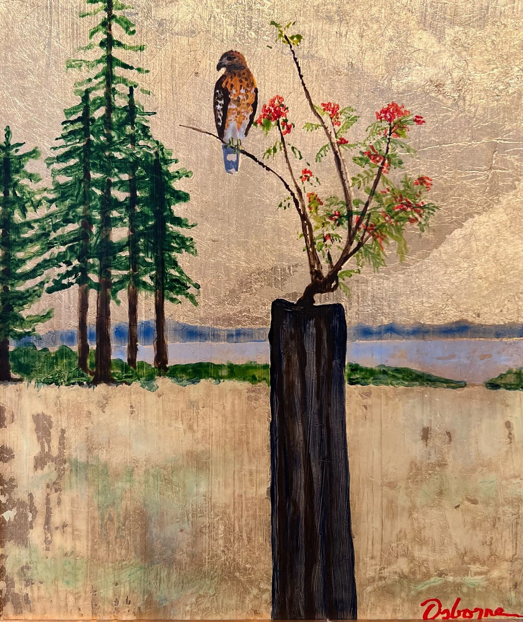 Hawk in the Field, 18x16 gold leaf and acrylic, $790