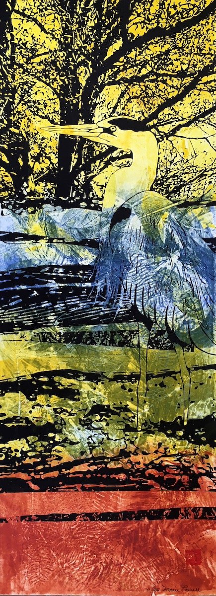 Great Blue Heron #11/25, 11" x 30" Serigraph over Monoprint. $1500.