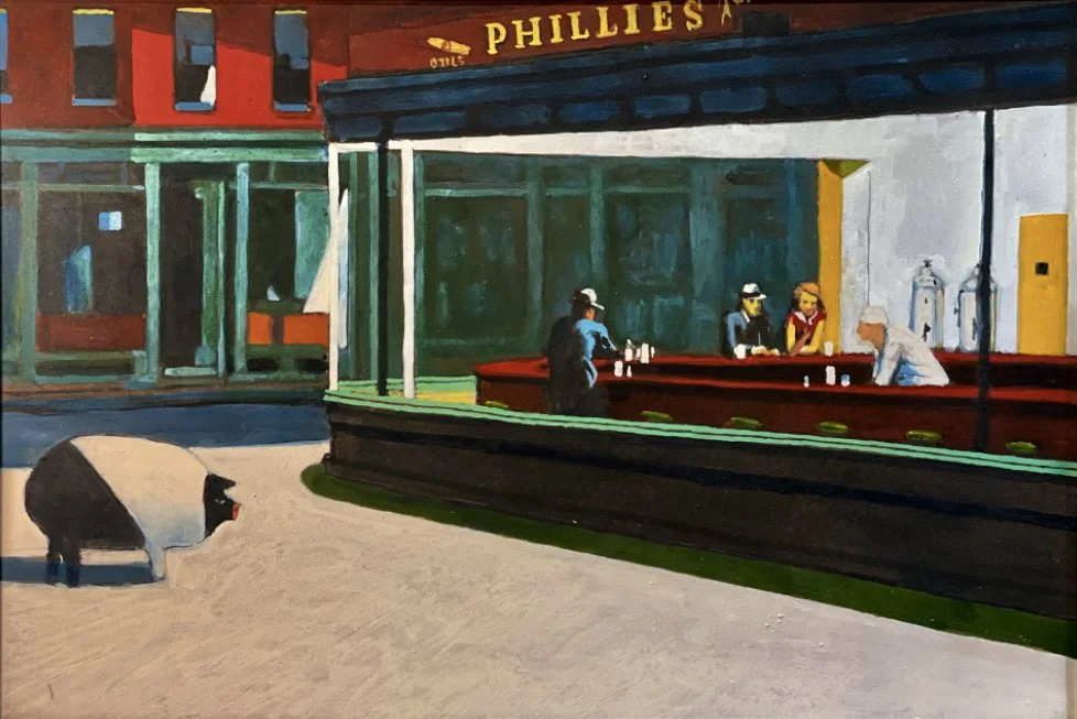 Nighthawks at the Diner with Pig, inspired by Edward Hopper, 24x36 egg tempera, $3800