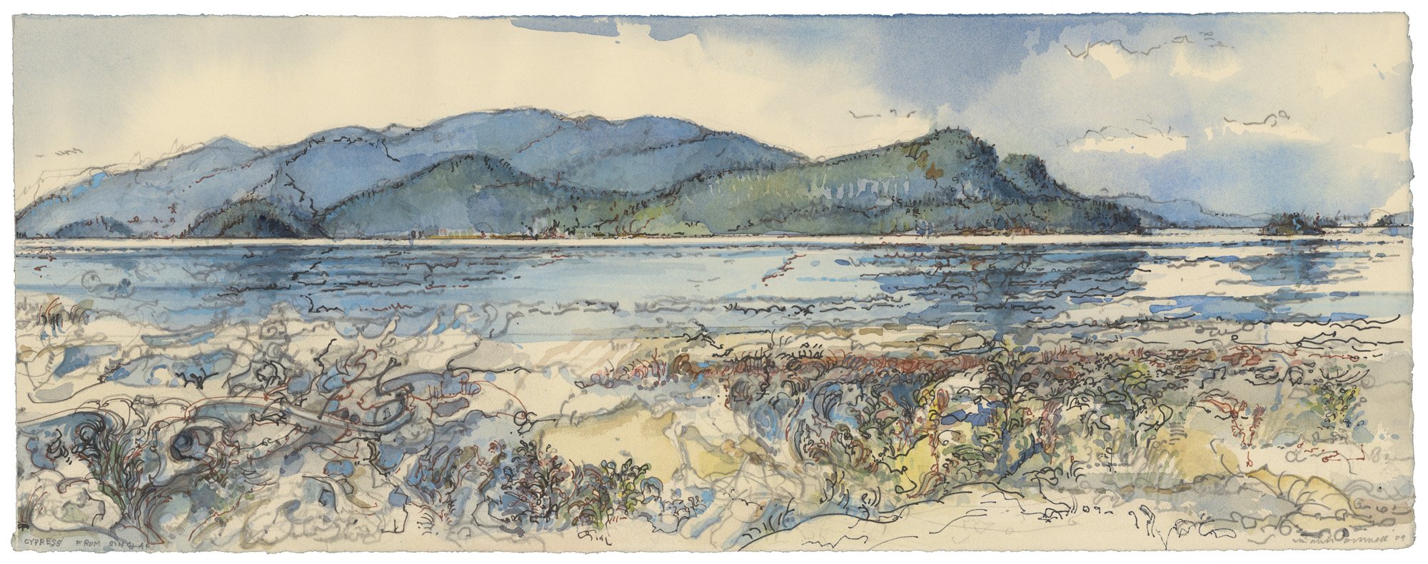 Cypress Island from Sinclair Island, 30.5x12 pencil, ink and watercolor, $1950
