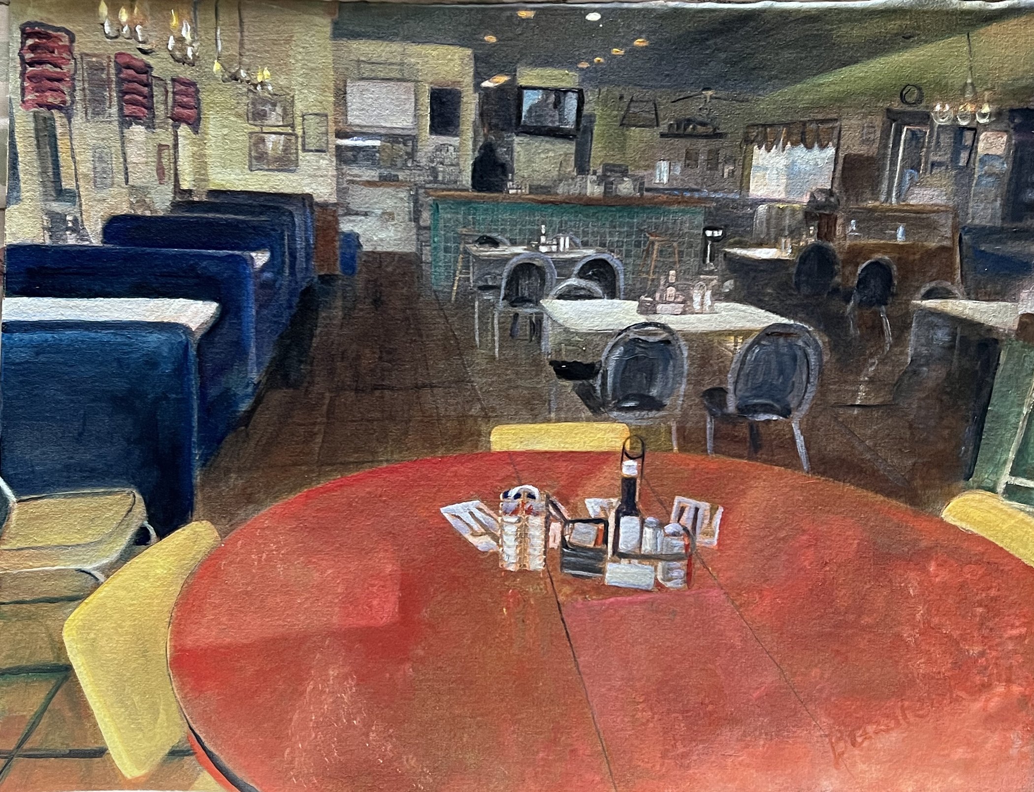 Chaim Bezalel and Yonnah Ben Levy collaboration; Closing Time, Stanwood Cafe, 18x23 acrylic on canvas mounted on wood, $1500