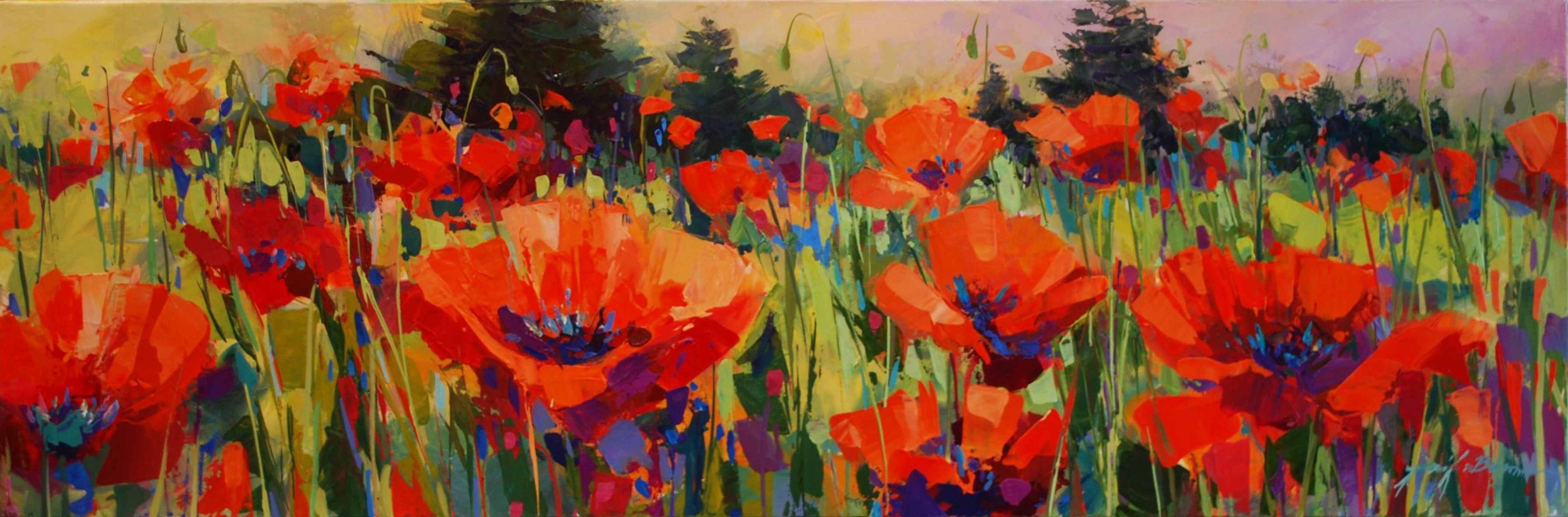 Knee Deep in Poppies, 12x36 acrylic, $975