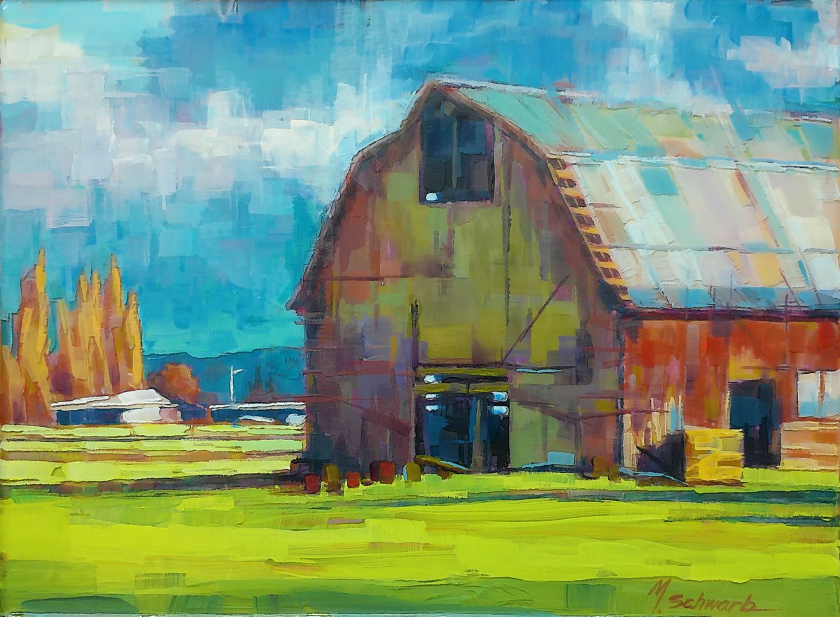 Late Summer Barn, 12x16 poured acrylic, $700