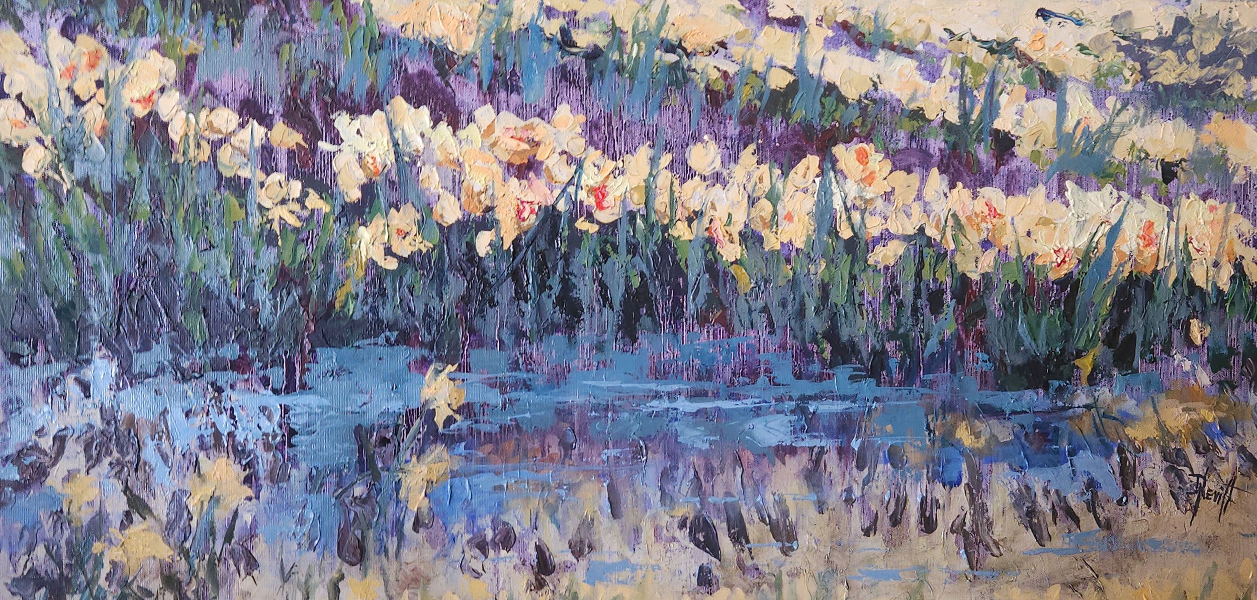 Daffodils in the Rain, 15 x 30 oil, $600