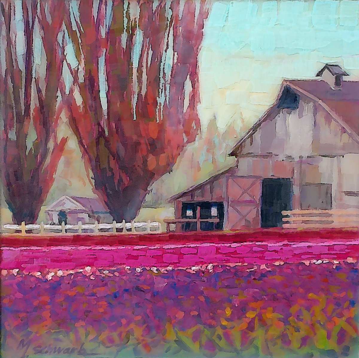 Tulip Time, 12x12 poured acrylic, $550