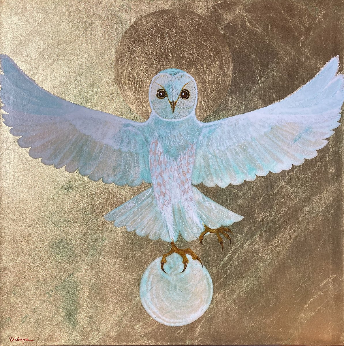 Orb of the Balancing Harlequin Owl, 36x36 Gold leaf and acrylic, $6500