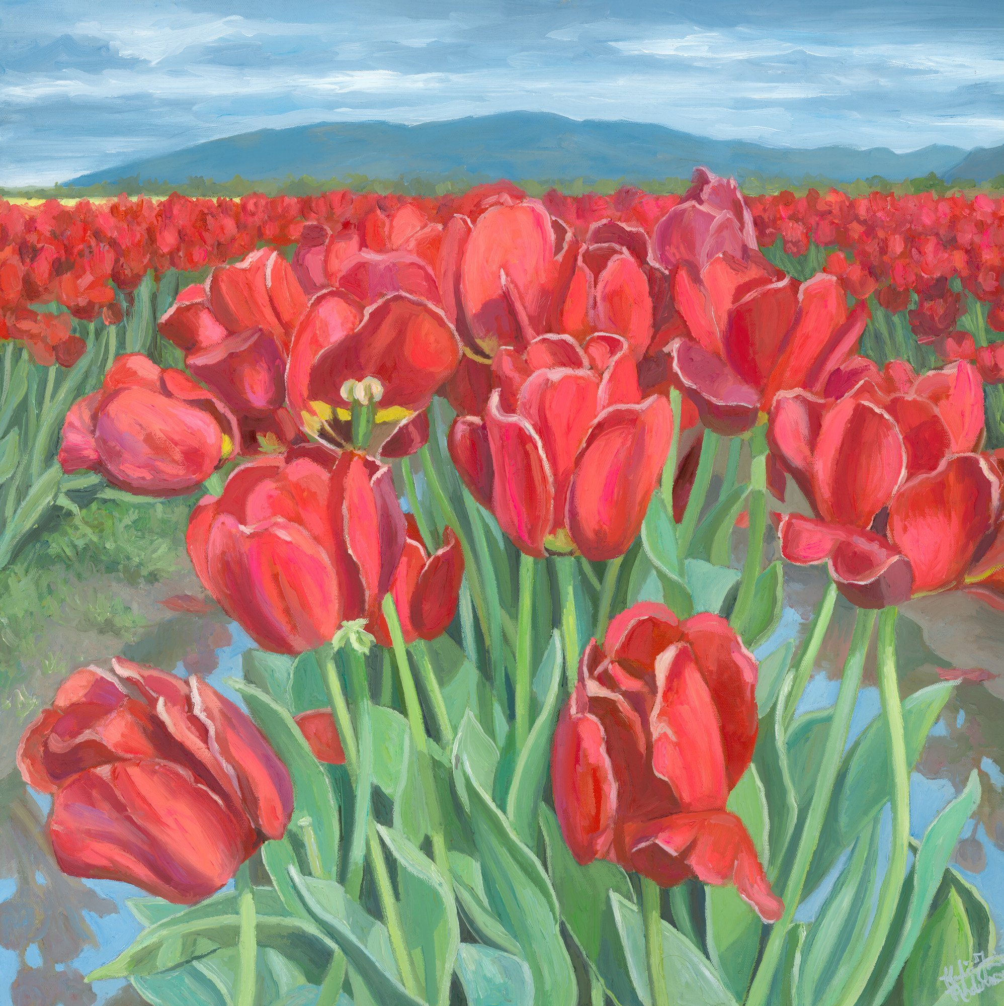 A painting of a field of red tulips with green stems and leaves, on a sunny day with mountains and a cloudy sky in the background.